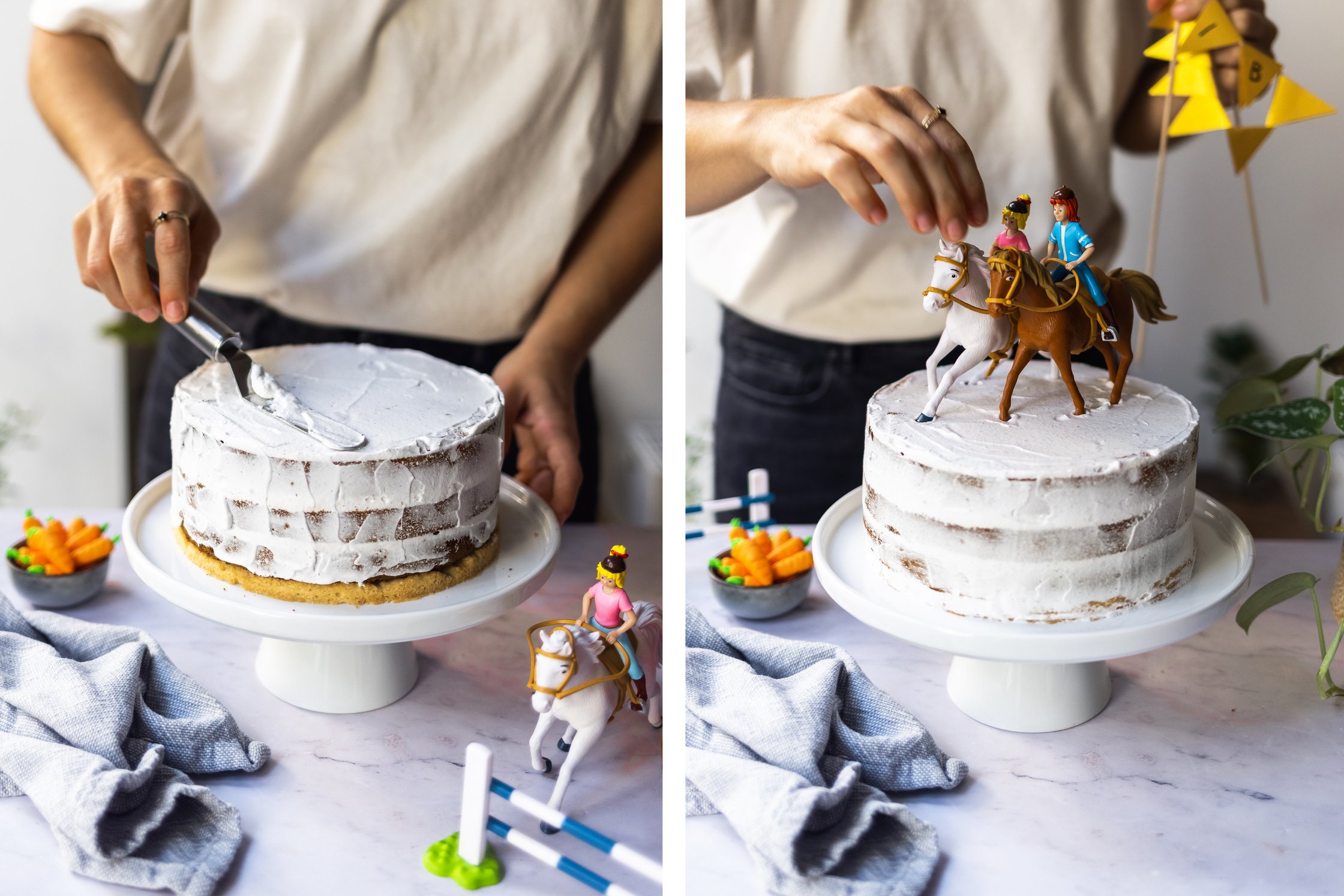 Auf einem weißen Untergrund steht eine mit weißer Sahne angestrichene Torte. Die Torte wird mit Bibi und Tina Figuren dekorie
