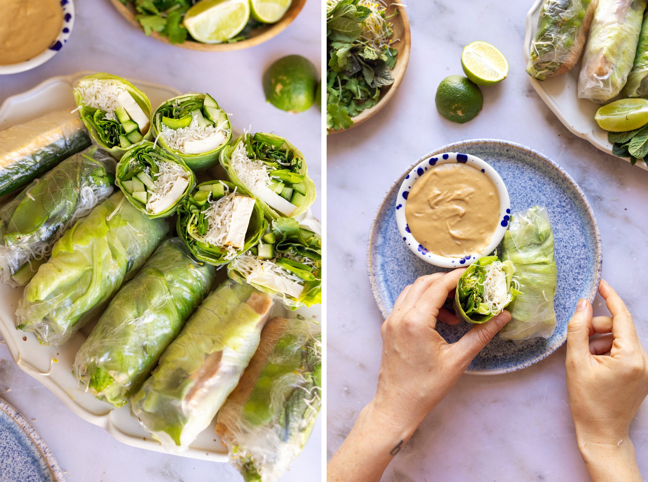 A platter with lots of whole and halved summer rolls. Half of the rolls are filled with white tofu and rice noodles, and the