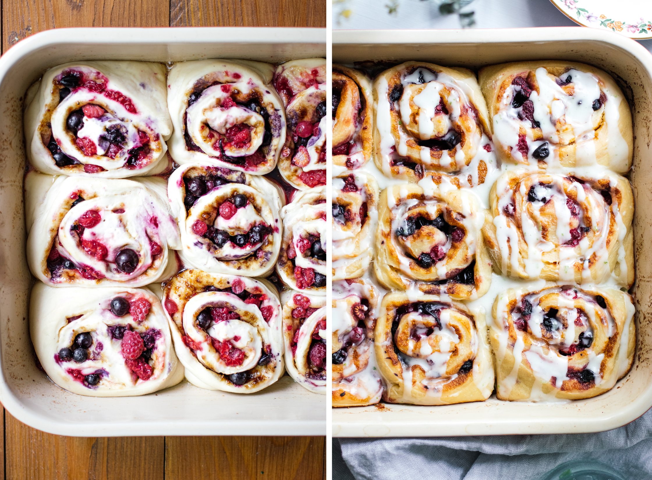 vegan berry rolls before and after baking