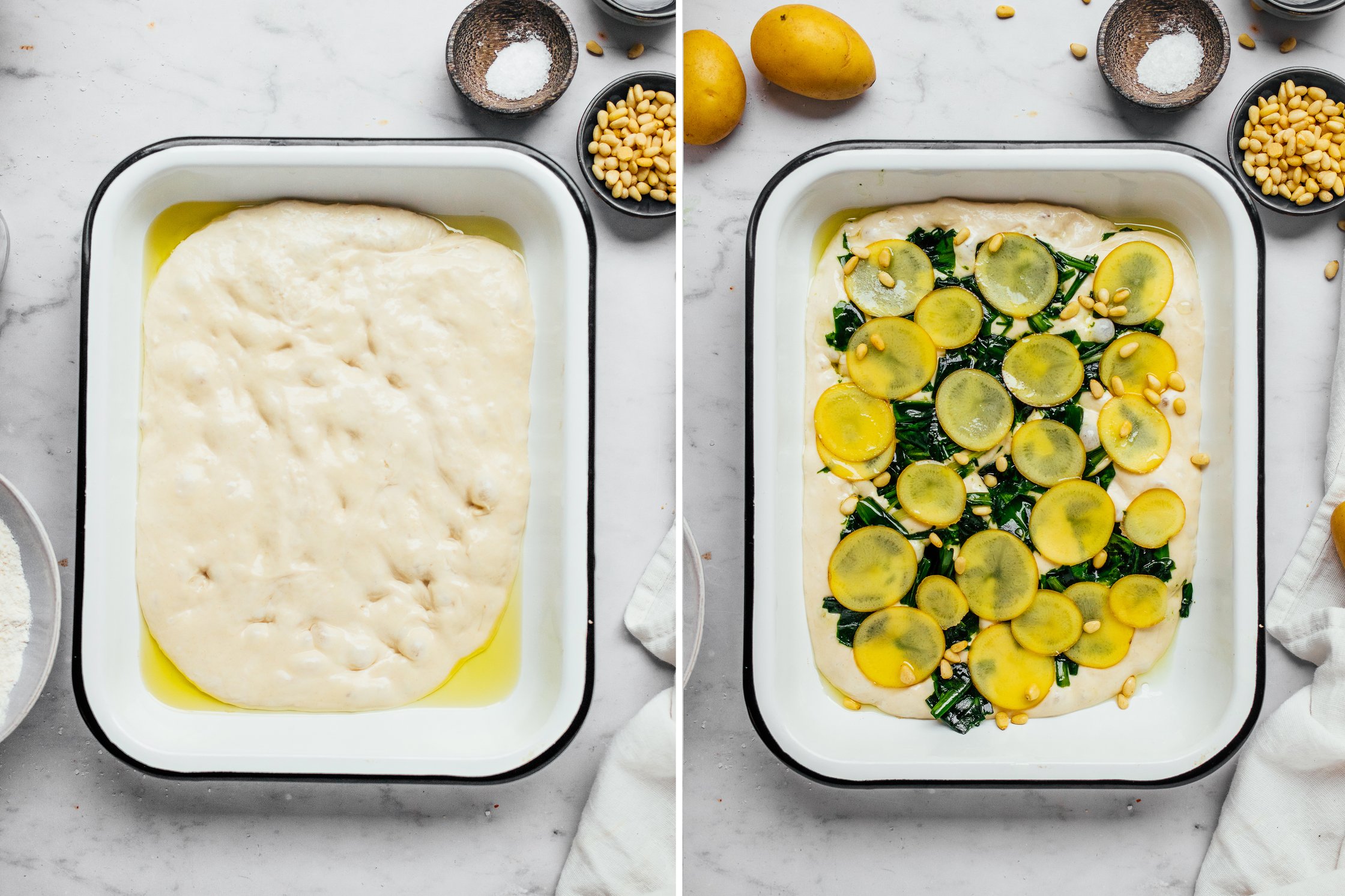 tin with yeast dough for vegan wild garlic focaccia, toppings on dough (potato slices, pine nuts, wild garlic, olive oil)