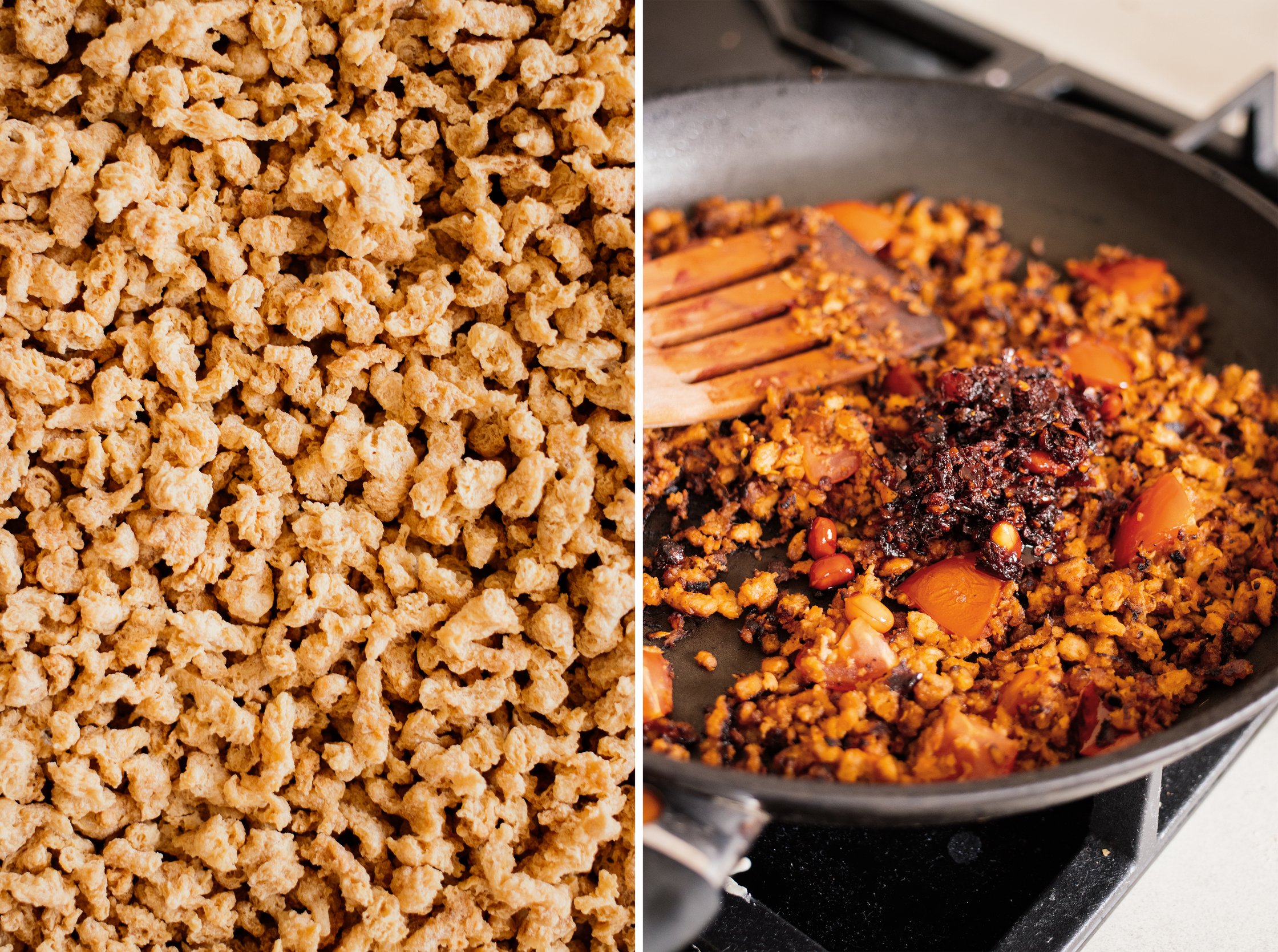sojagranulat vor und während des bratens mit chili crisp