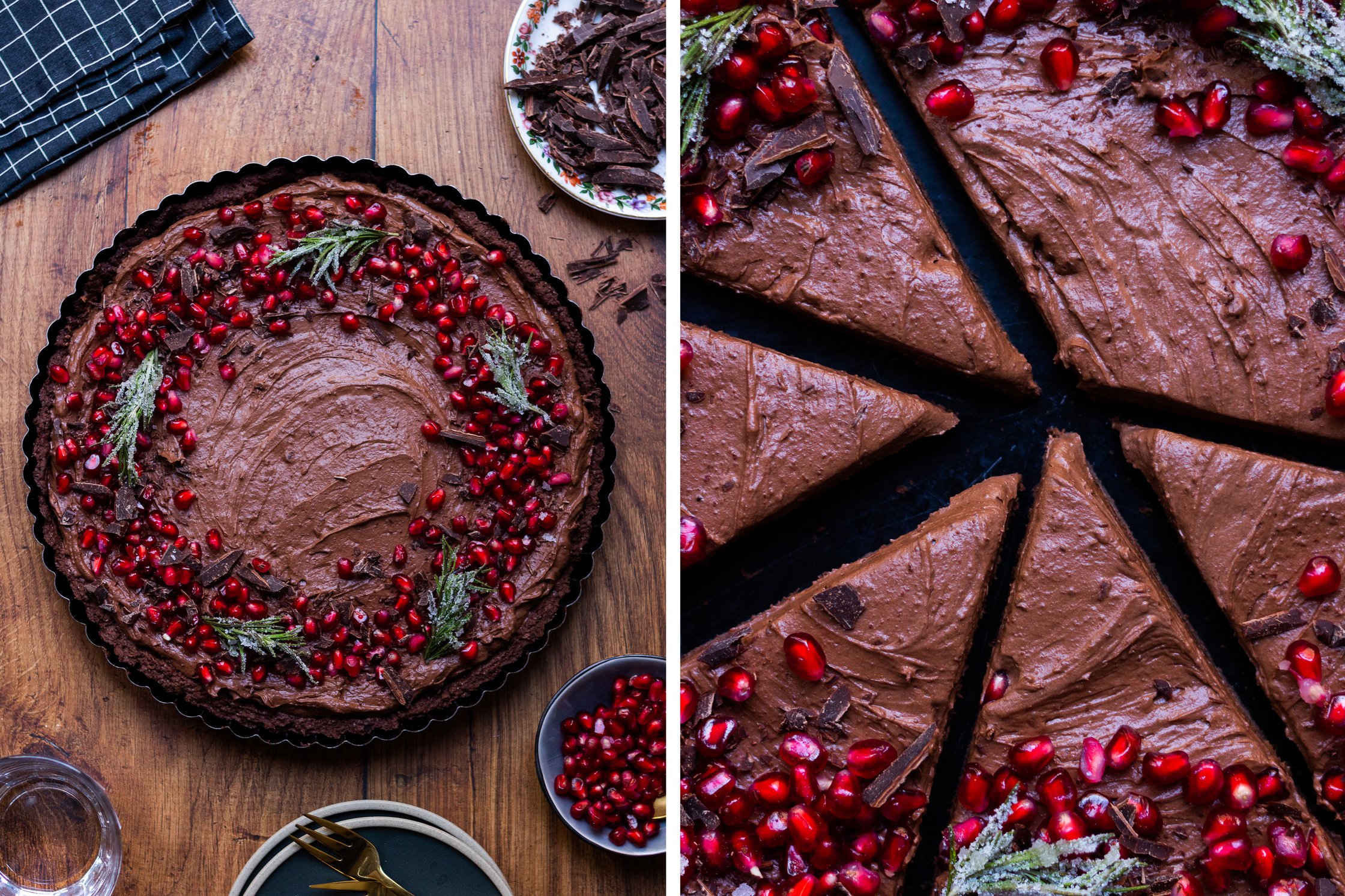 vegane Schokoladen-Tarte mit Granatapfelkernen