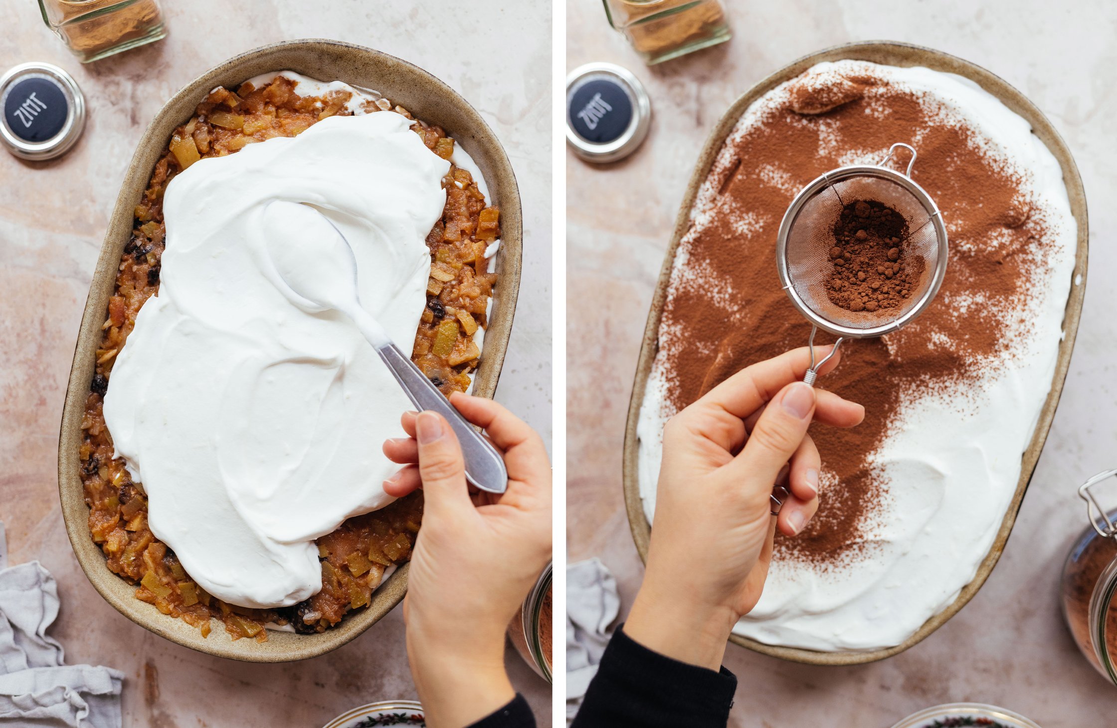adding cream layer to the tiramisu; topping the tiramisu with cocoa powder