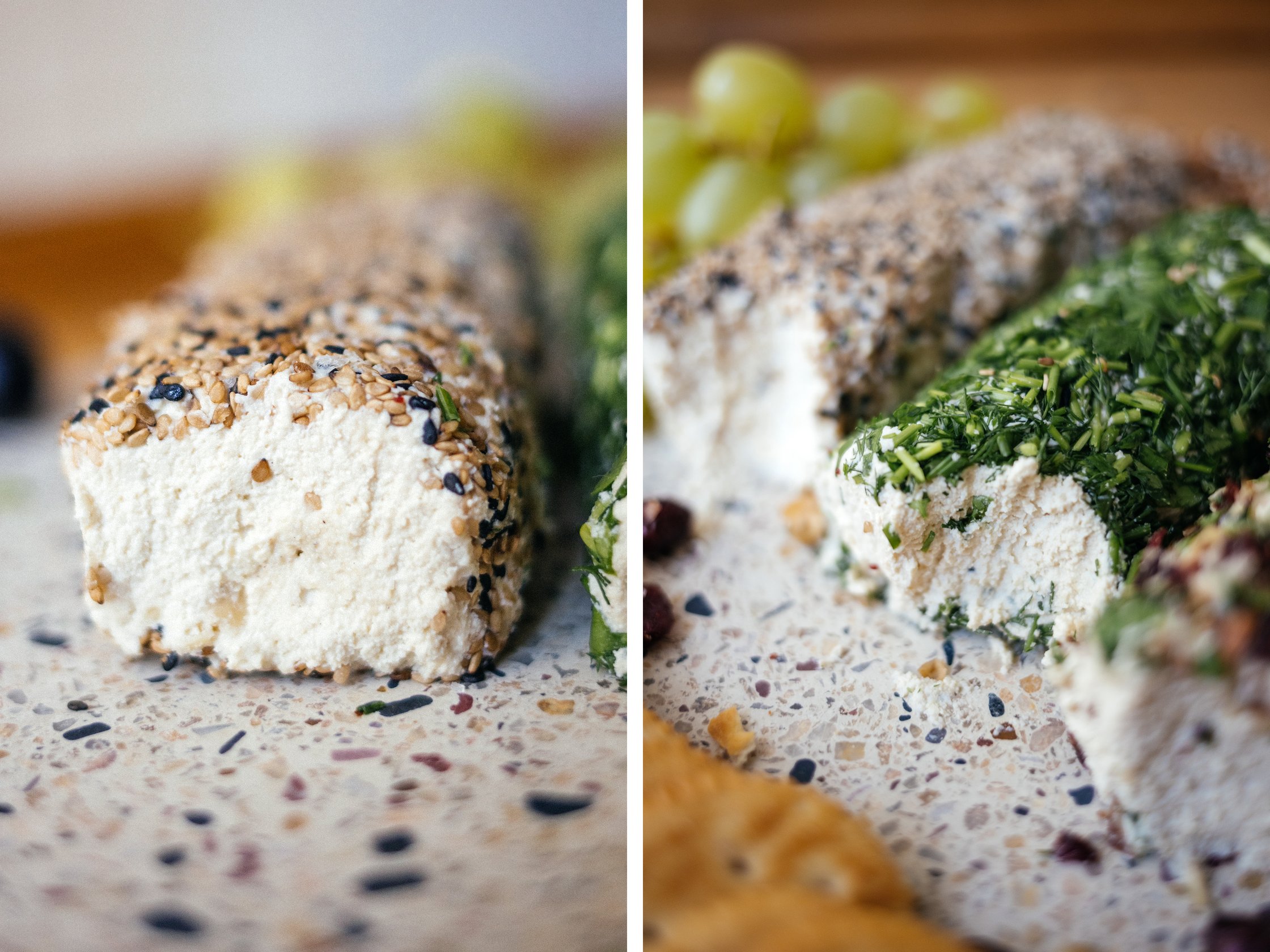 nahaufnahme von veganen frischkäse rollen