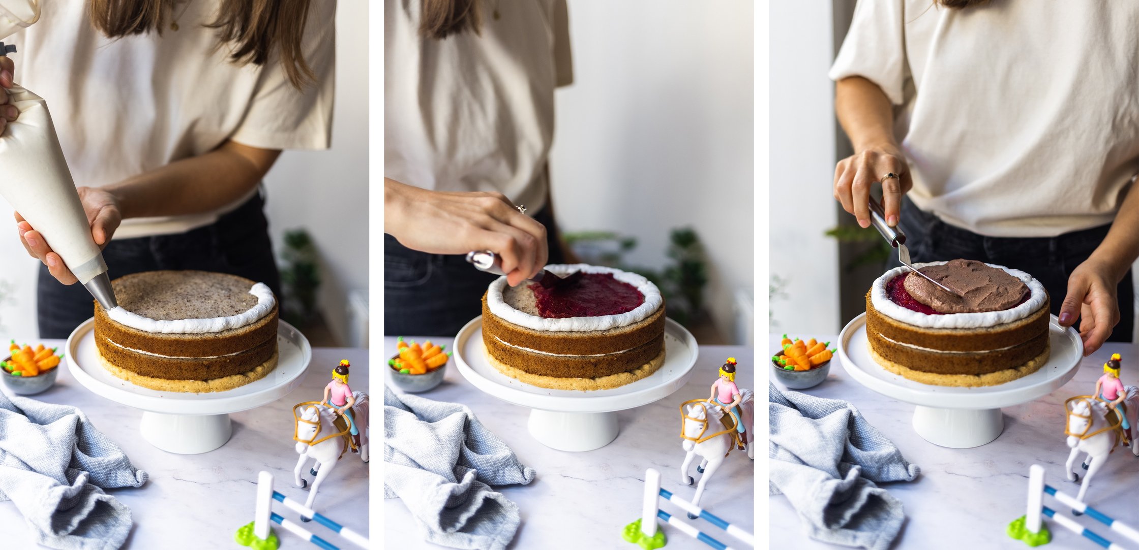 Eine geschichtete Torte wird nacheinander mit Vanille-, Kirsch- und Schokocreme bestrichen.
