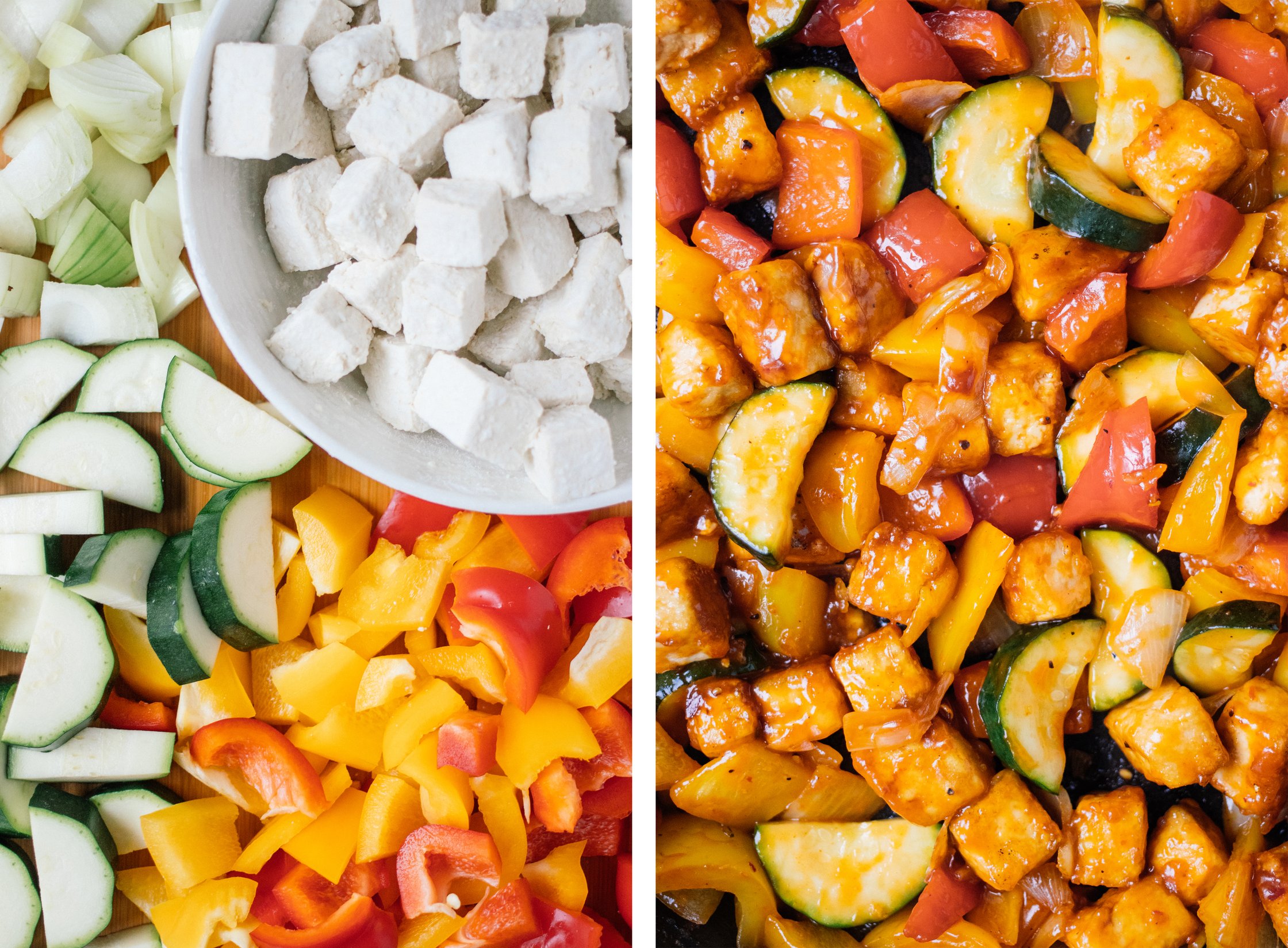 vegetables and tofu cut and mixed with sweet sour sauce