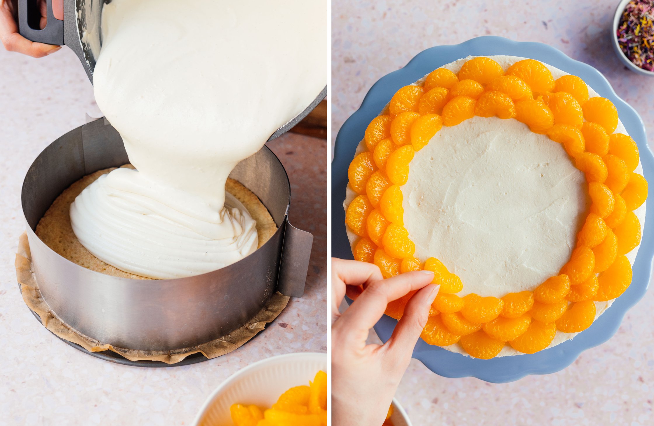 vegan filling is placed on the base; tangerines from the tin are arranged in a circle on the cake