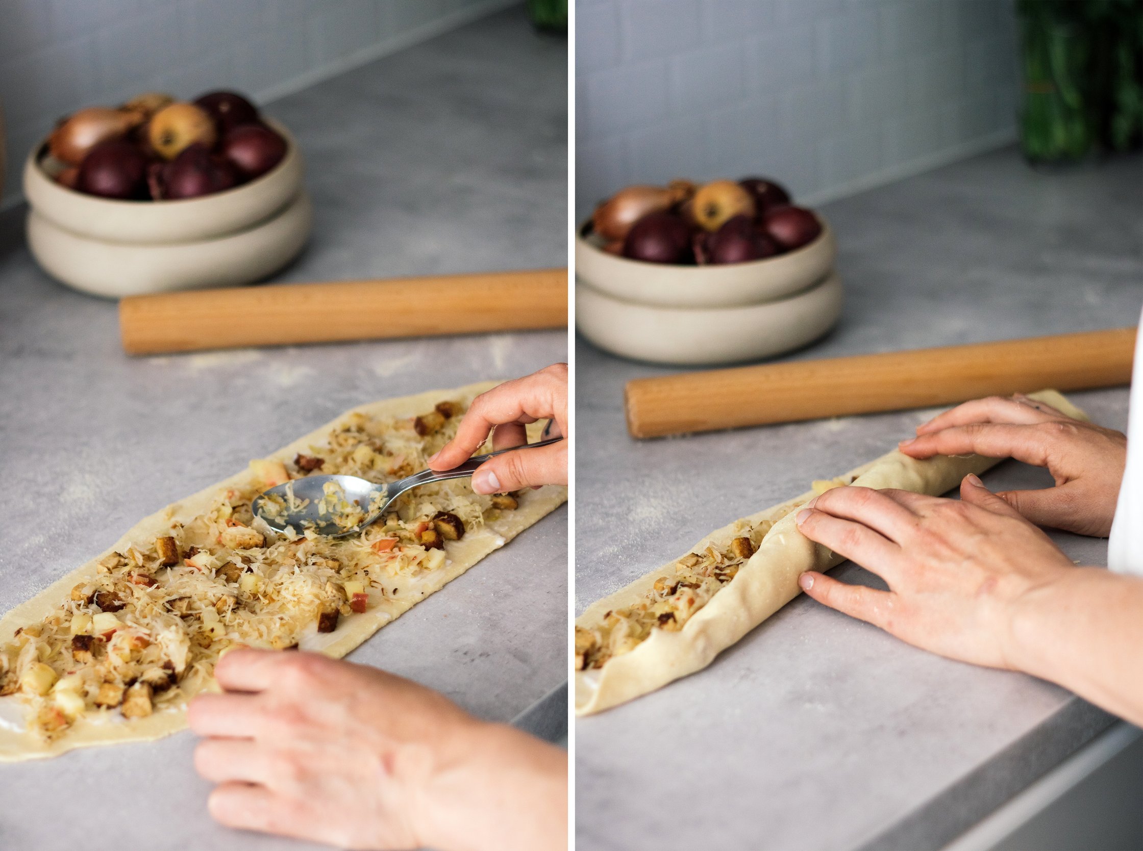 nudelteig mit kraut füllen und rollen