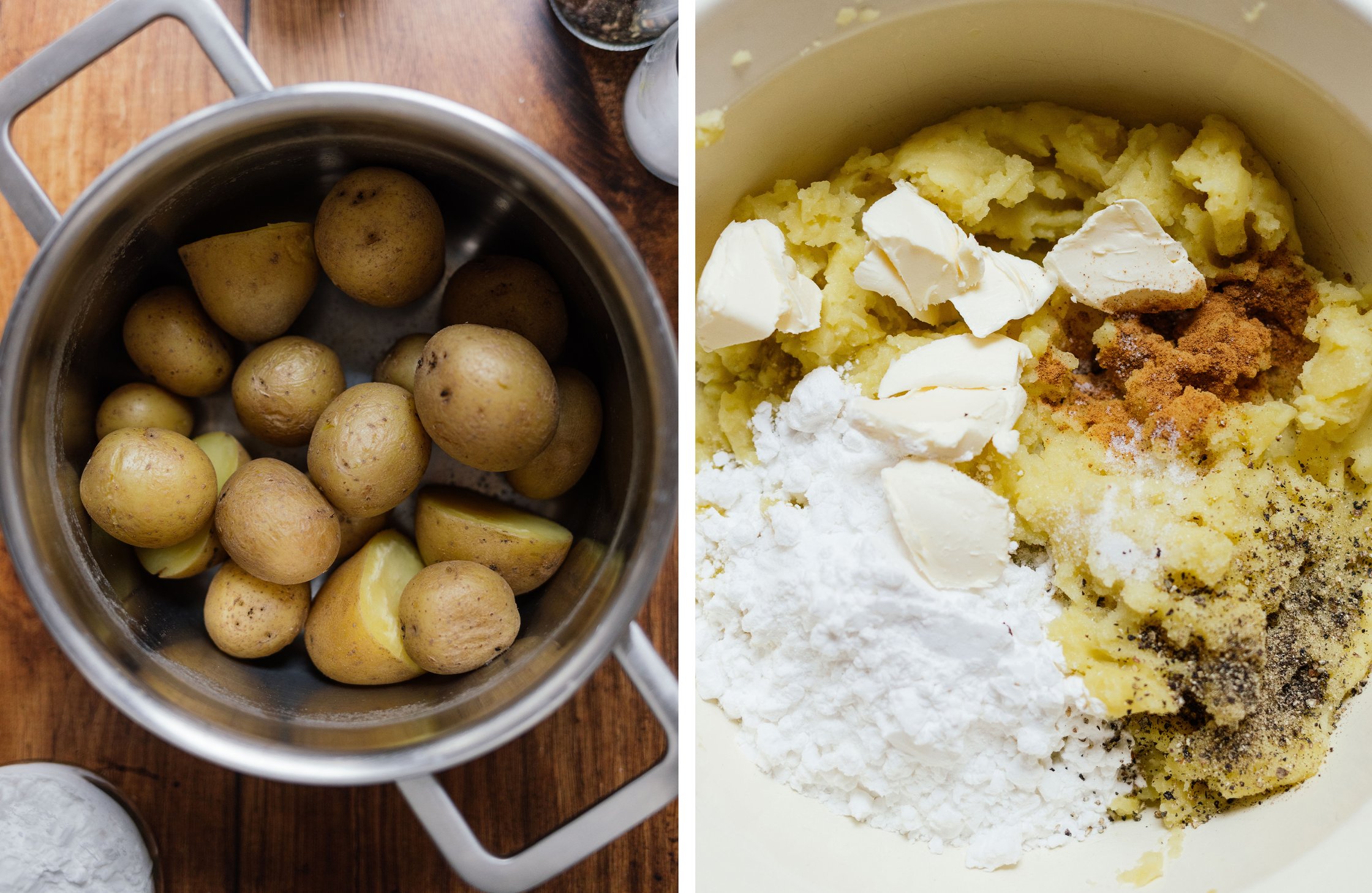 cooked potatoes in a pot; ingredients for vegan dumpling dough in a bowl