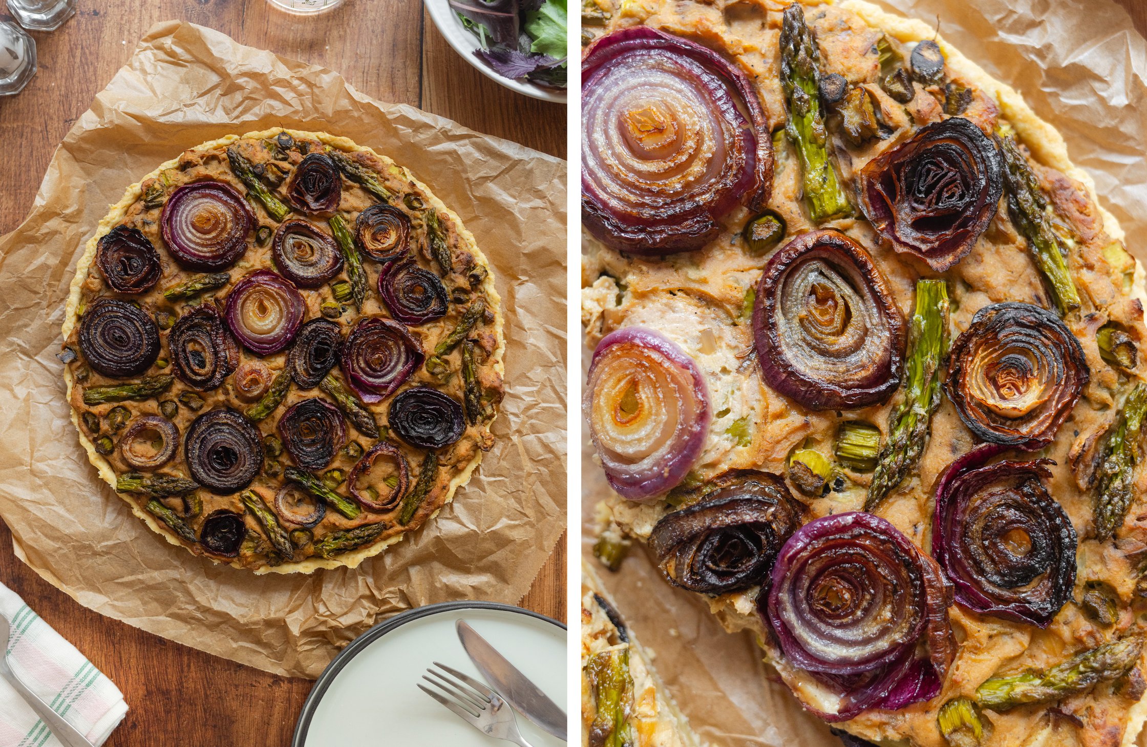 vegan onion quiche after baking; close-up of vegan onion quiche