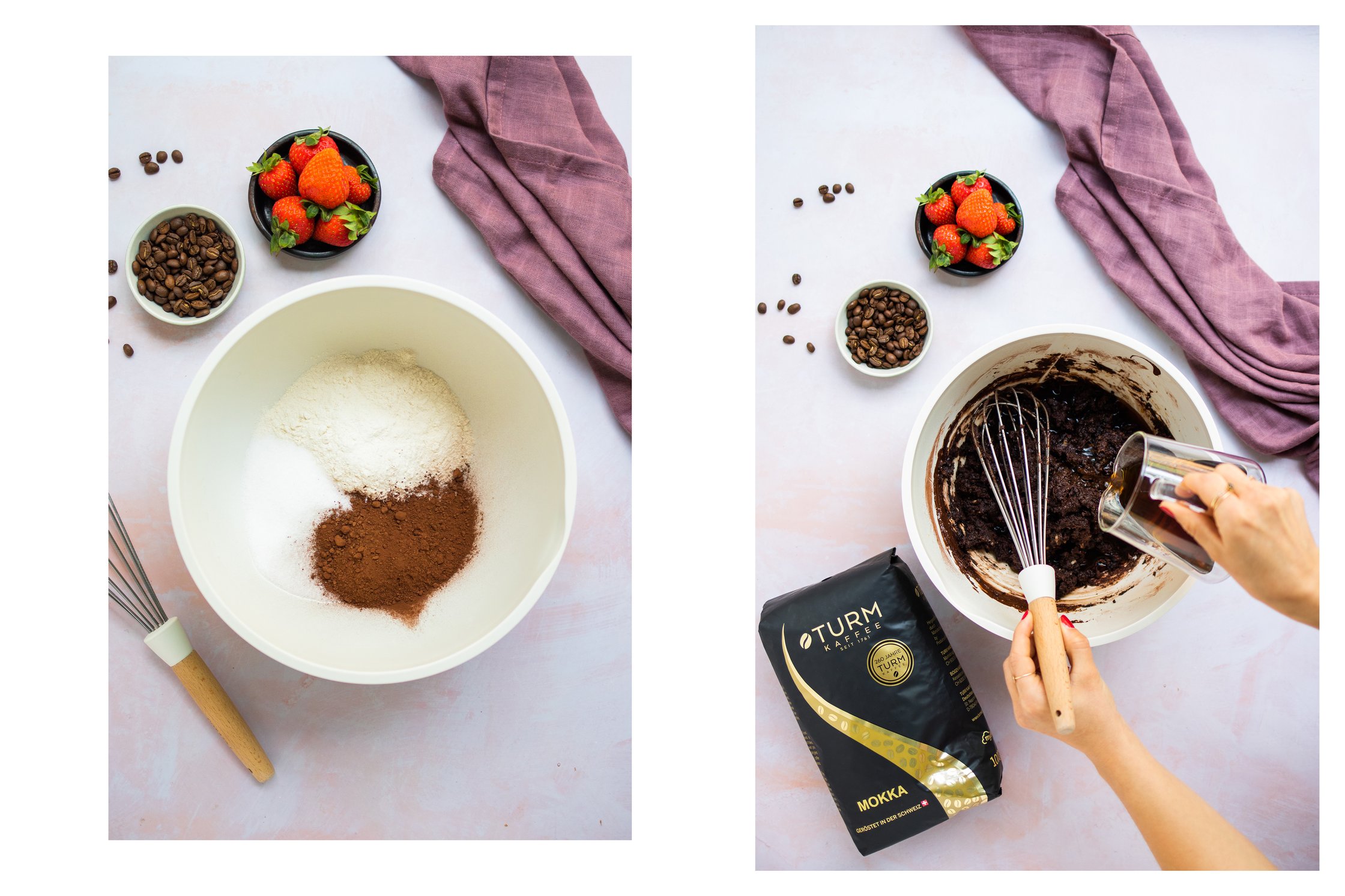 Zutaten für vegane Espresso-Bronwies in einer Schüssel, Erdbeeren, Kaffee-Verpackung