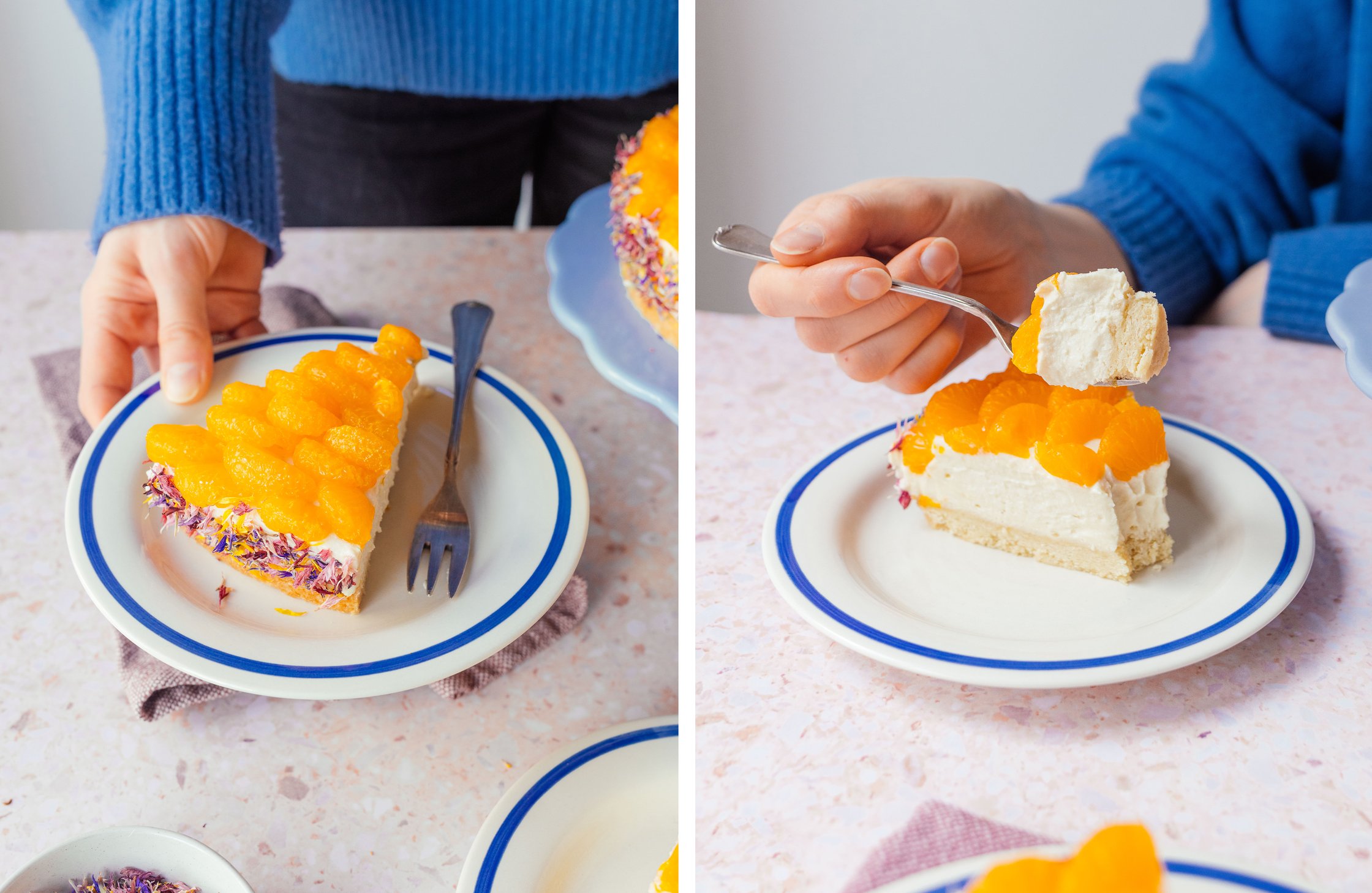vegan cream and mandarin cake with flower coating is served on a plate