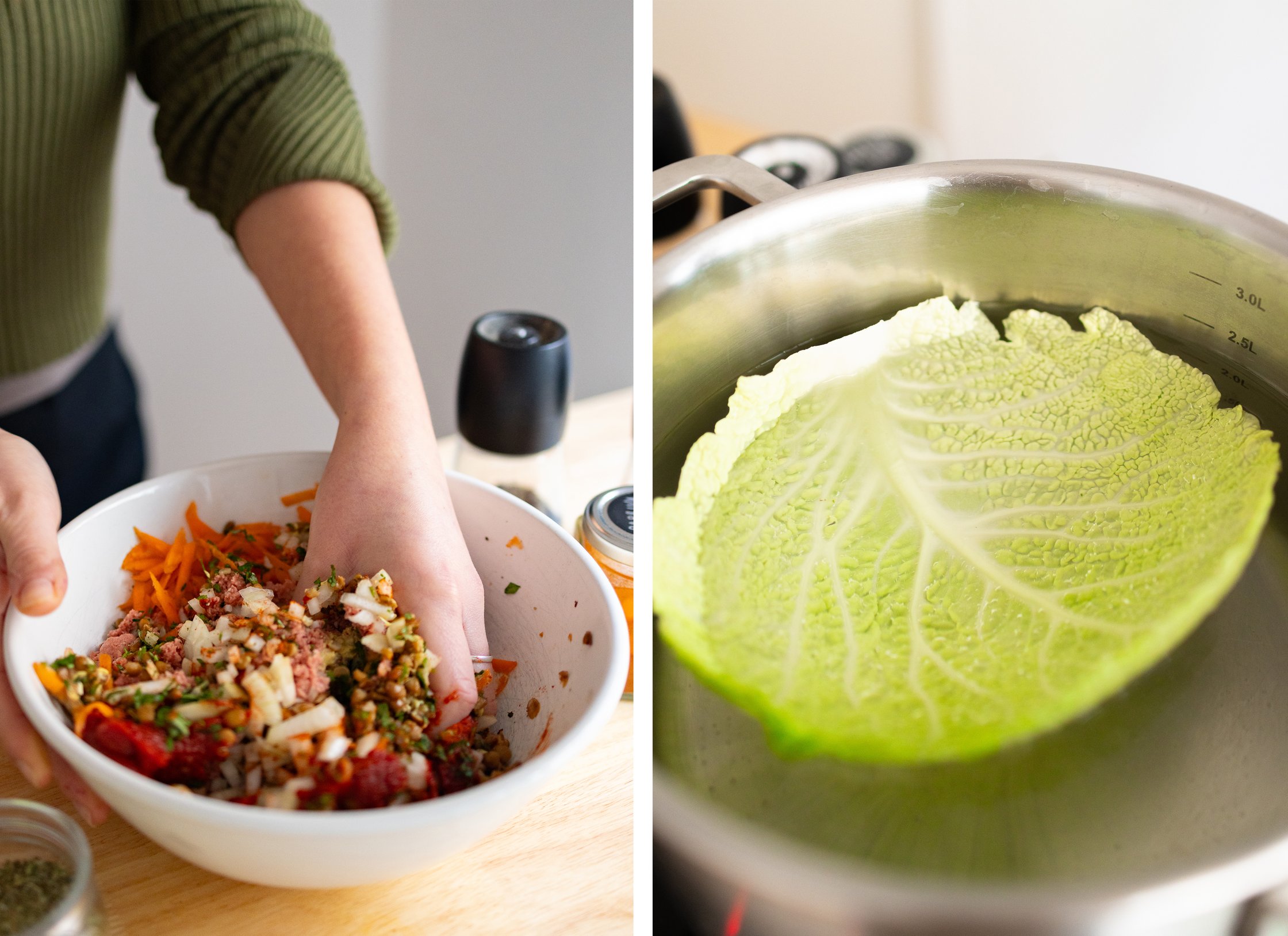 Vegane Kohlrouladen werden in einer Pfanne geschmort