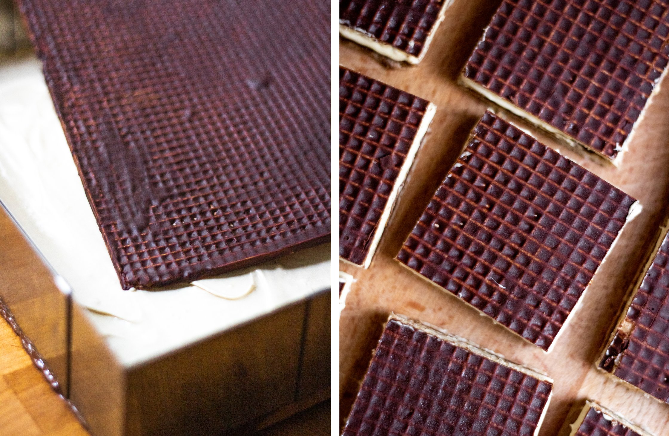 left: Chocolate wafer plate is placed on top of milk cream
right: vegan knoppers from above