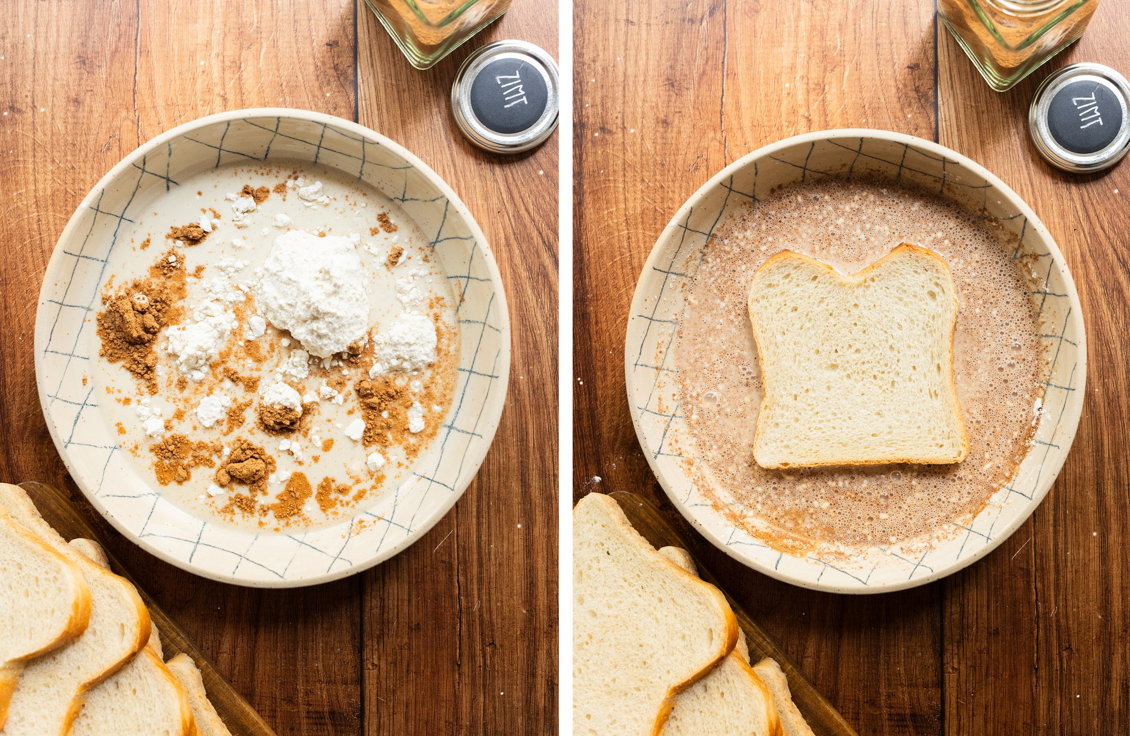 Es sind zwei Schüsseln zu sehen, in denen die Zutaten für die Ummantelung des Toasts gemischt werden, um dann das Toast darin