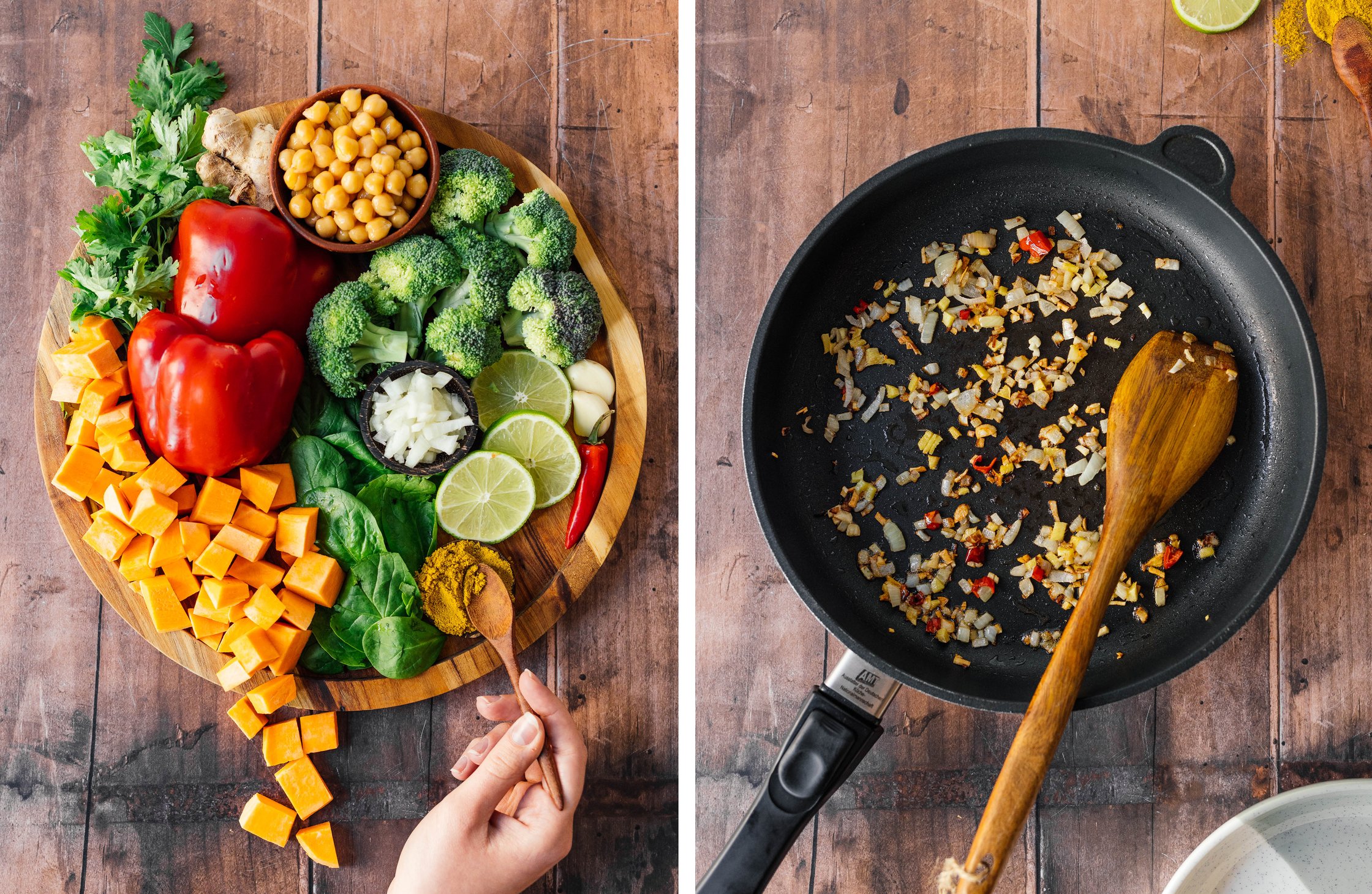 ingredients for vegetable curry; onions, garlic and chili sautéed in a pan