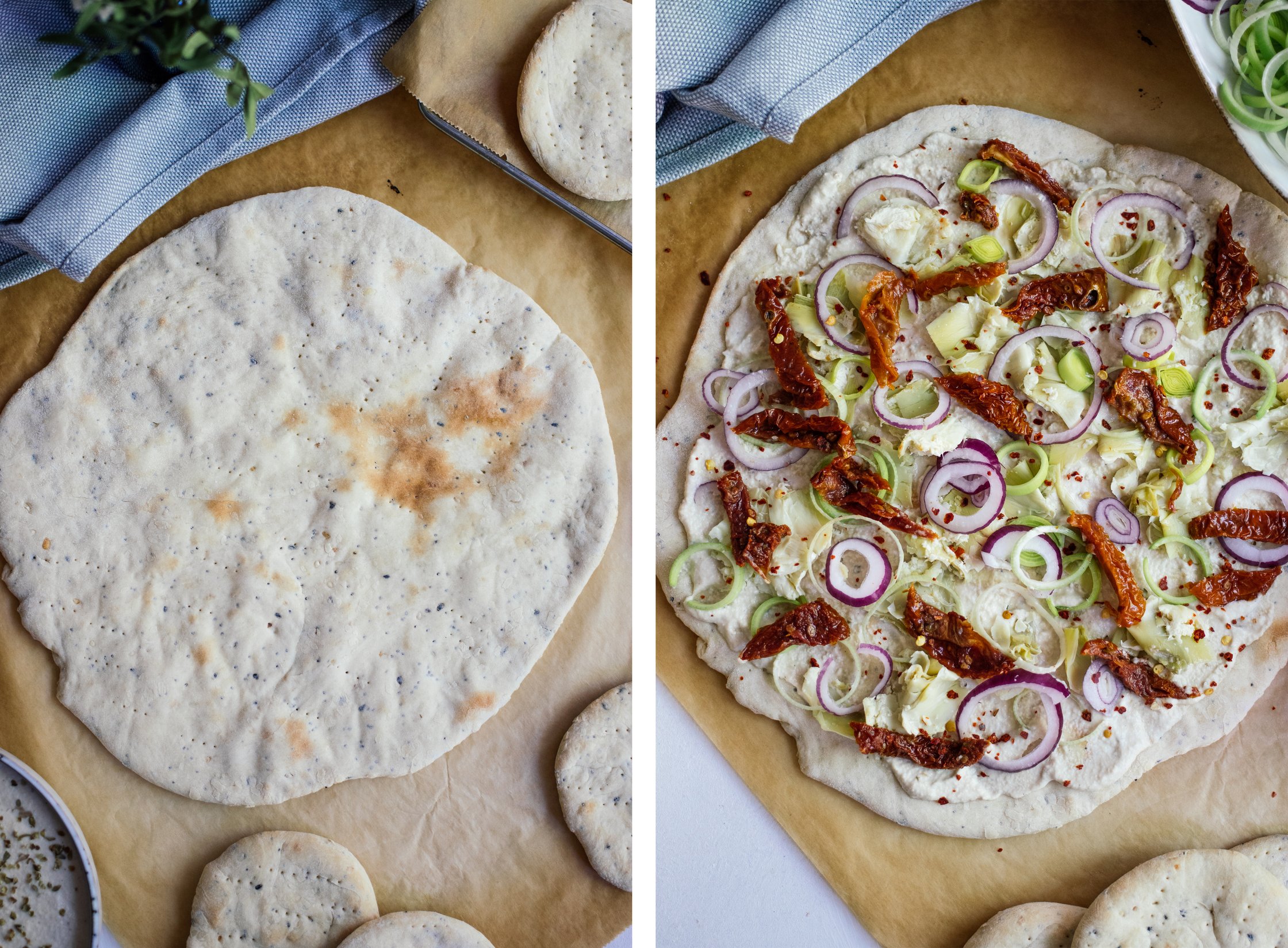 vegan frozen pizza before and after topping