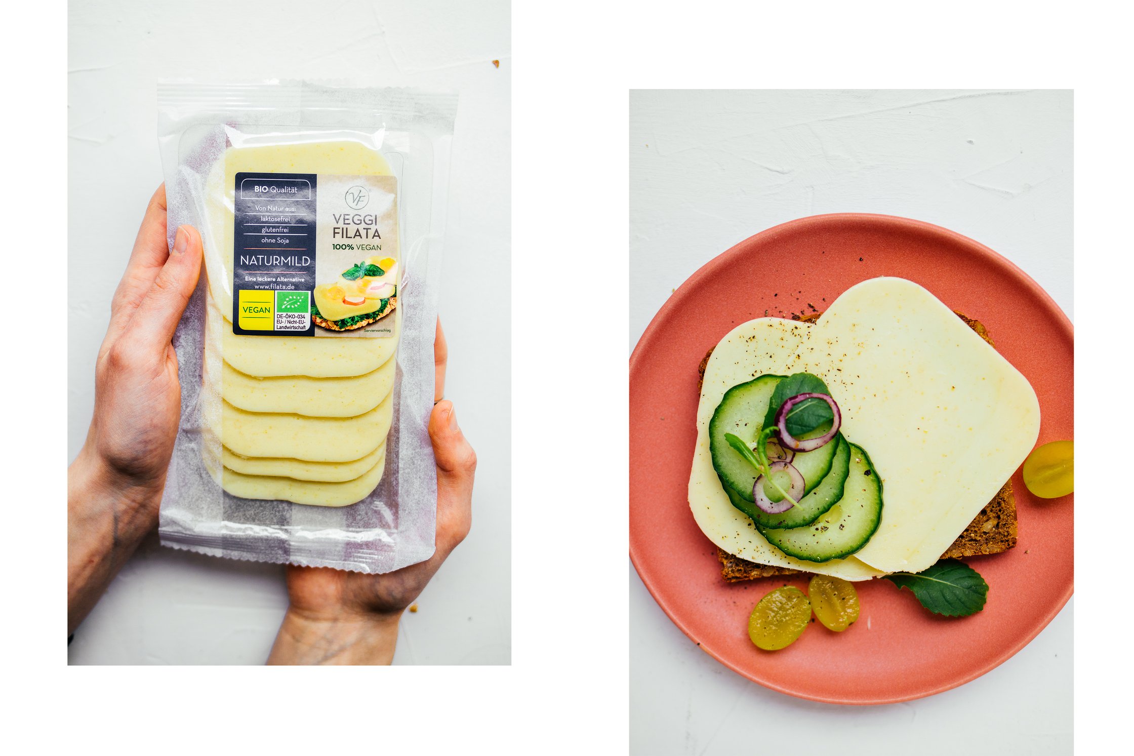 Eine Packung Veggi Filata Käse mit Brot