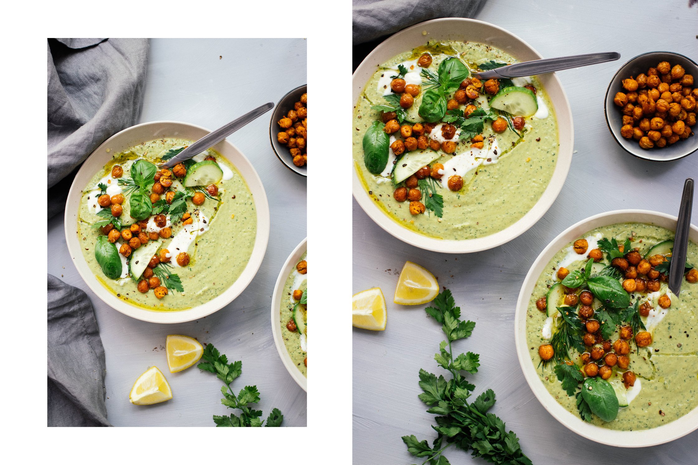 cucumber soup topped with chickpeas