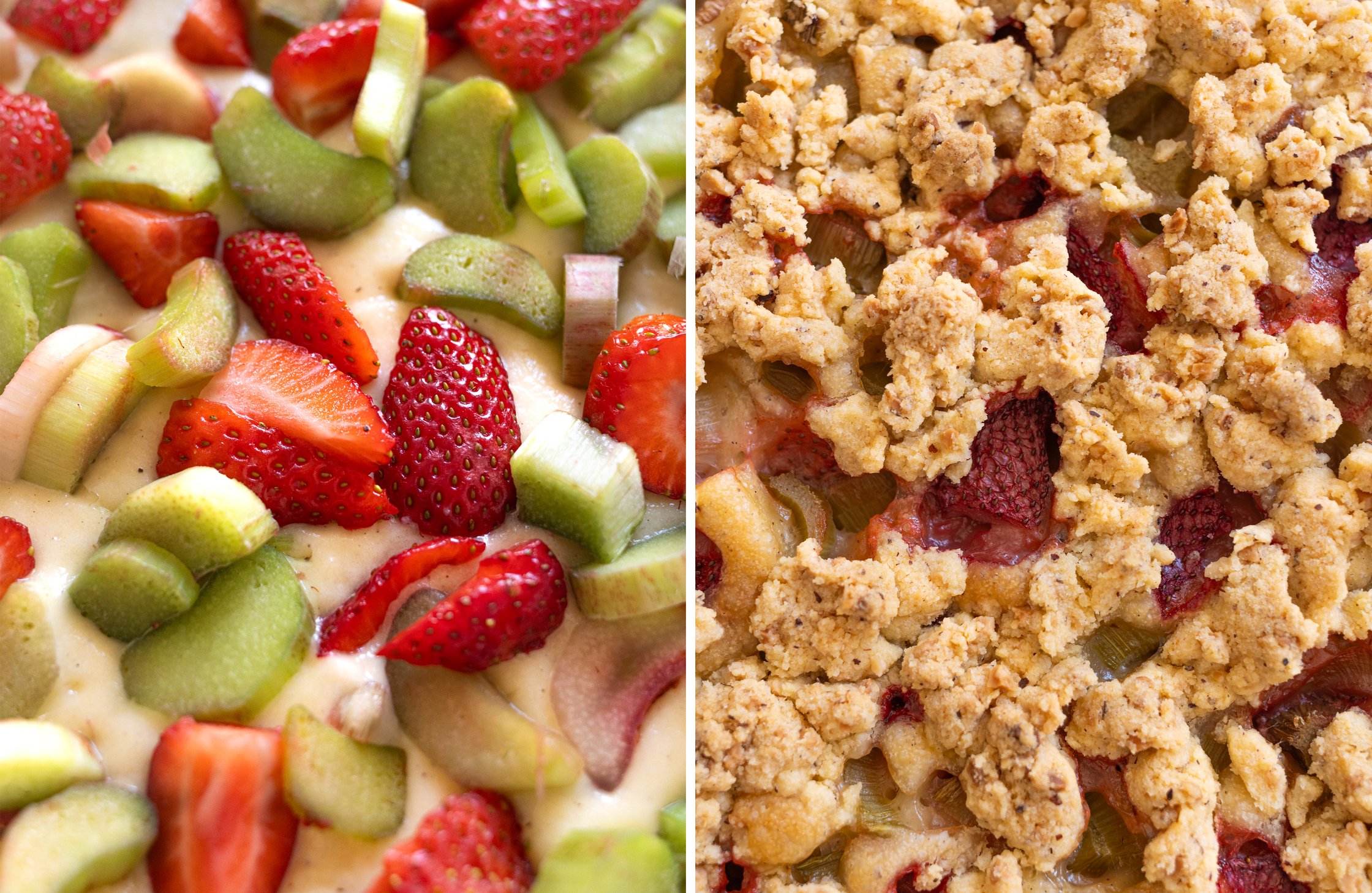 Zweigeteiltes Bild - Links: Close Up vom Kuchen vor dem Backen. Rechts: Close Up vom Kuchen nach dem Backen.