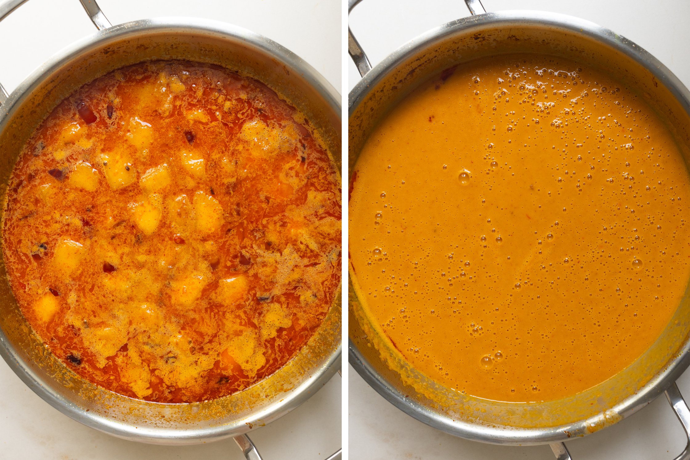 vegan mango curry sauce before and after mixing it