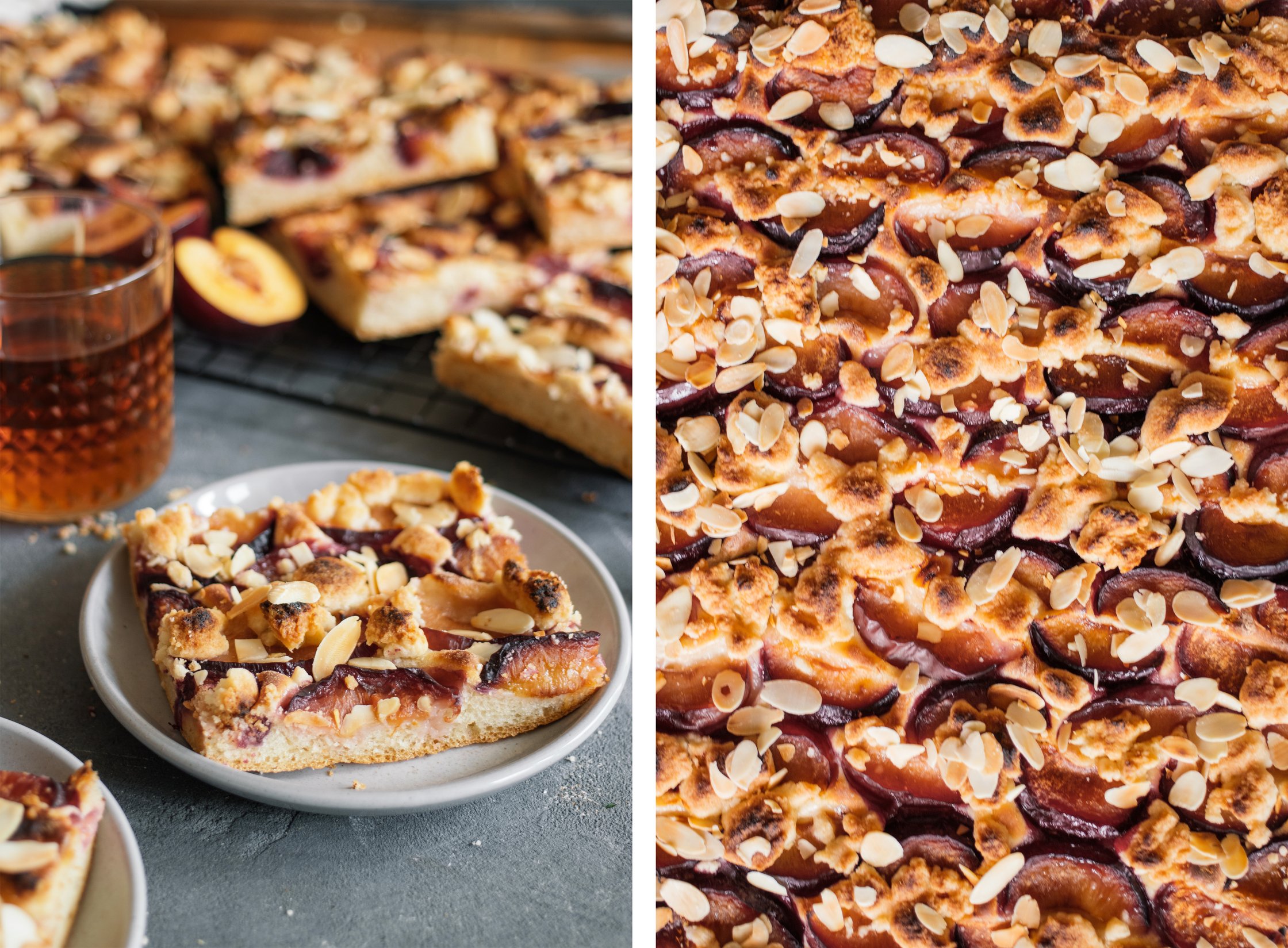 Vegan Sheetpan Plum Cake with Yeast Dough and Crumble Topping served after baking