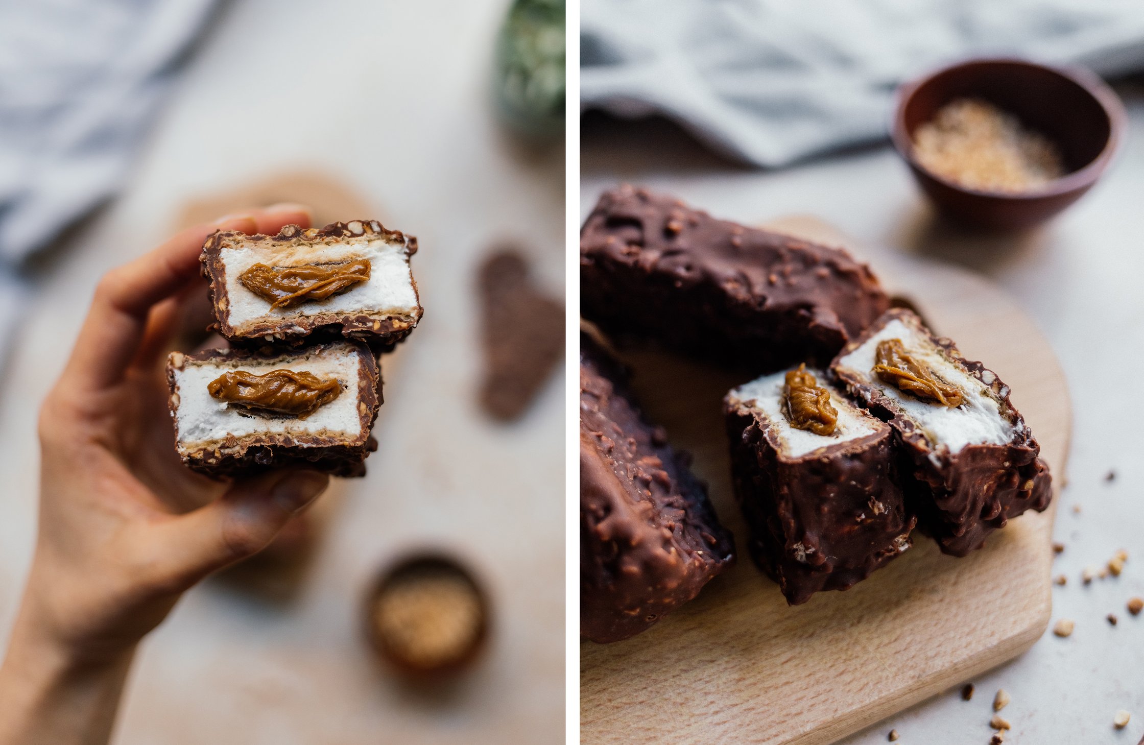 vegan icebox milk chocolate bars with caramel core cut open