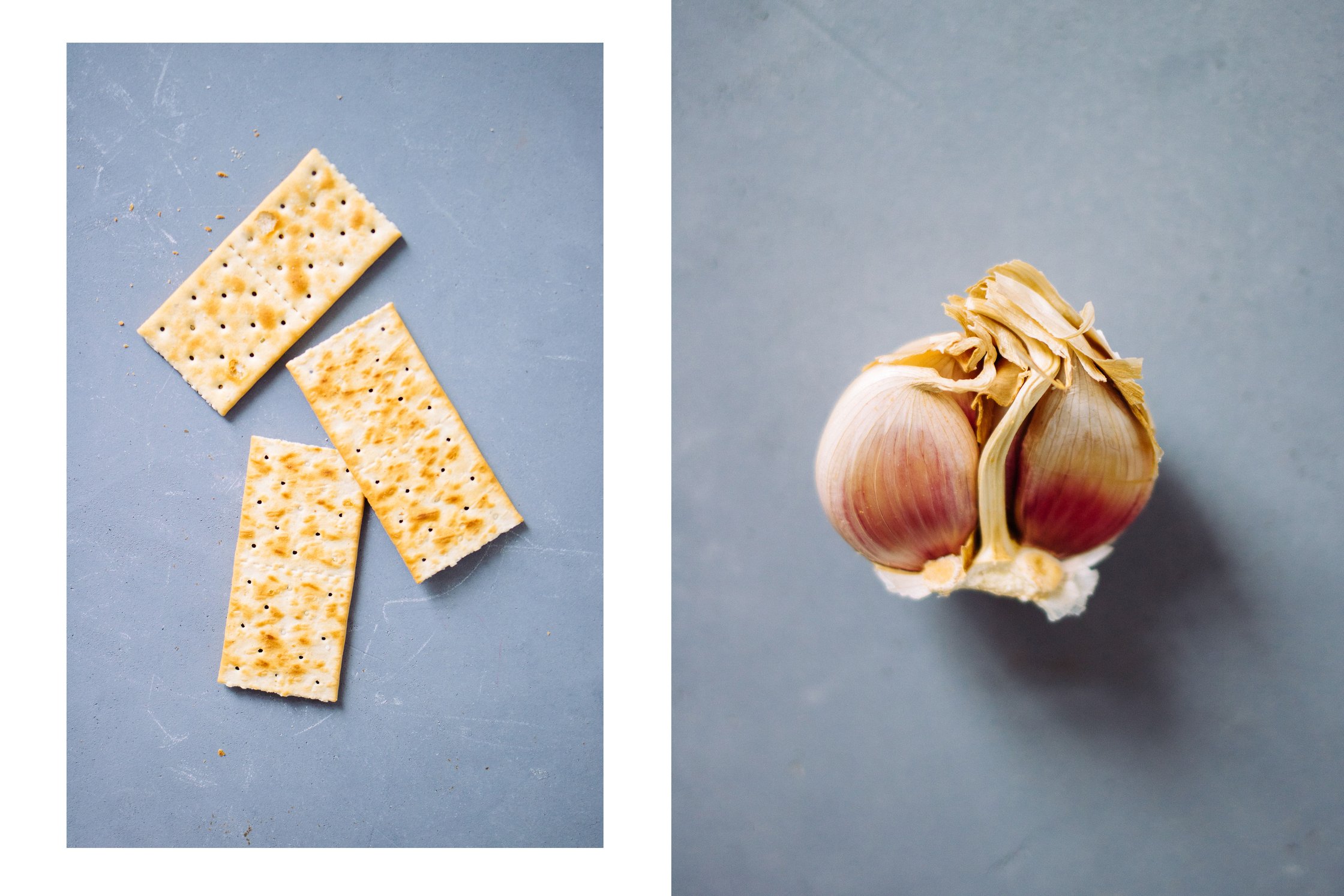cracker on the left, and garlic on the right
