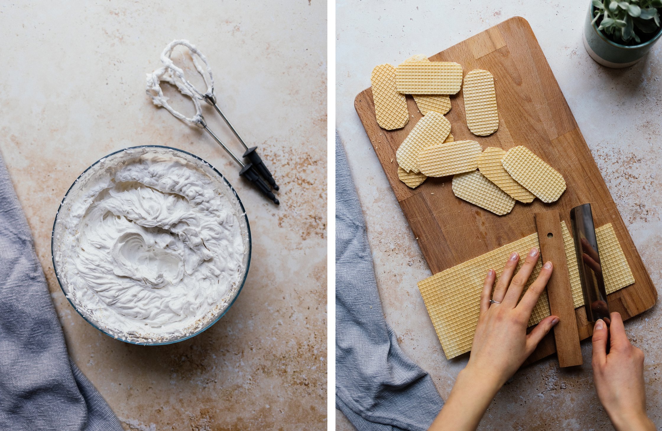 whipped vegan cream; cutting waffle platters to size