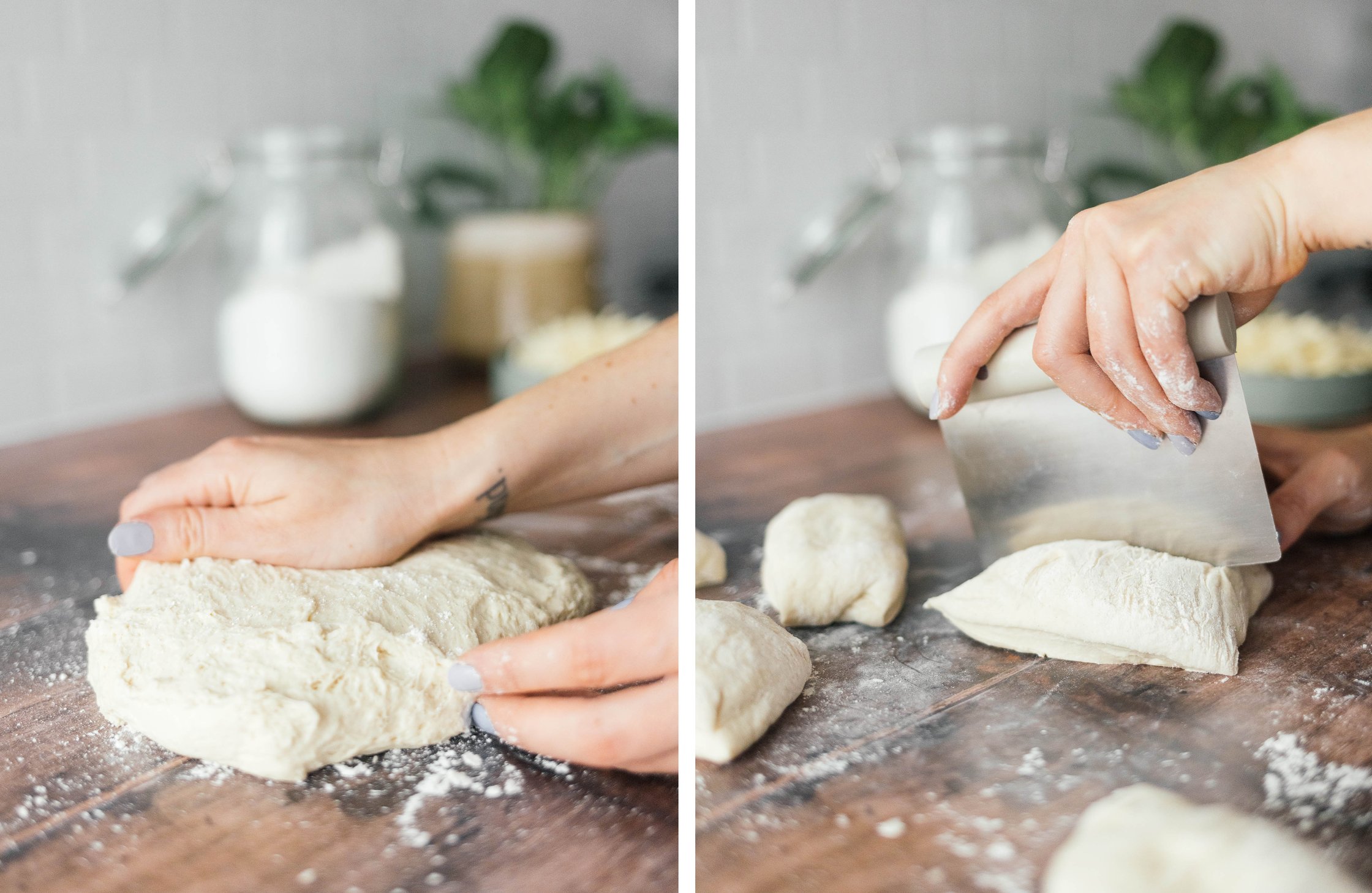 veganen Hefeteig kneten und in Stücke schneiden