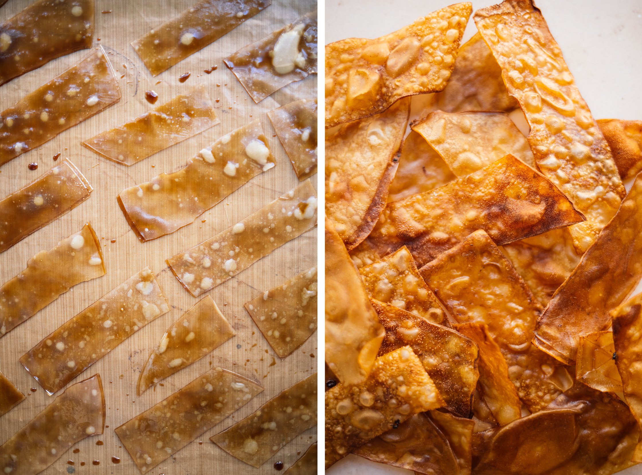 vegan rice paper bacon before and after baking