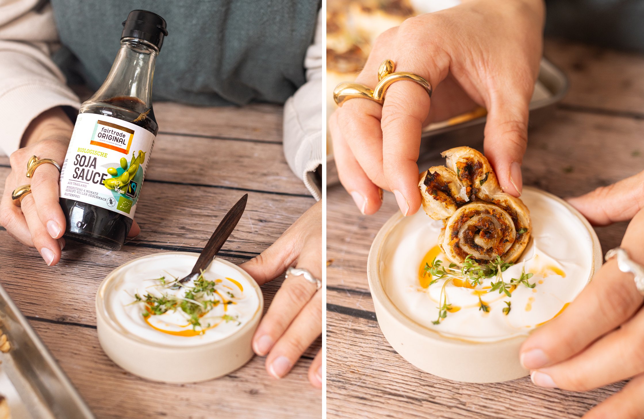 Two-part image - Left: Fairtrade soy sauce. Right: Puff pastry bunny being dipped in the sauce.