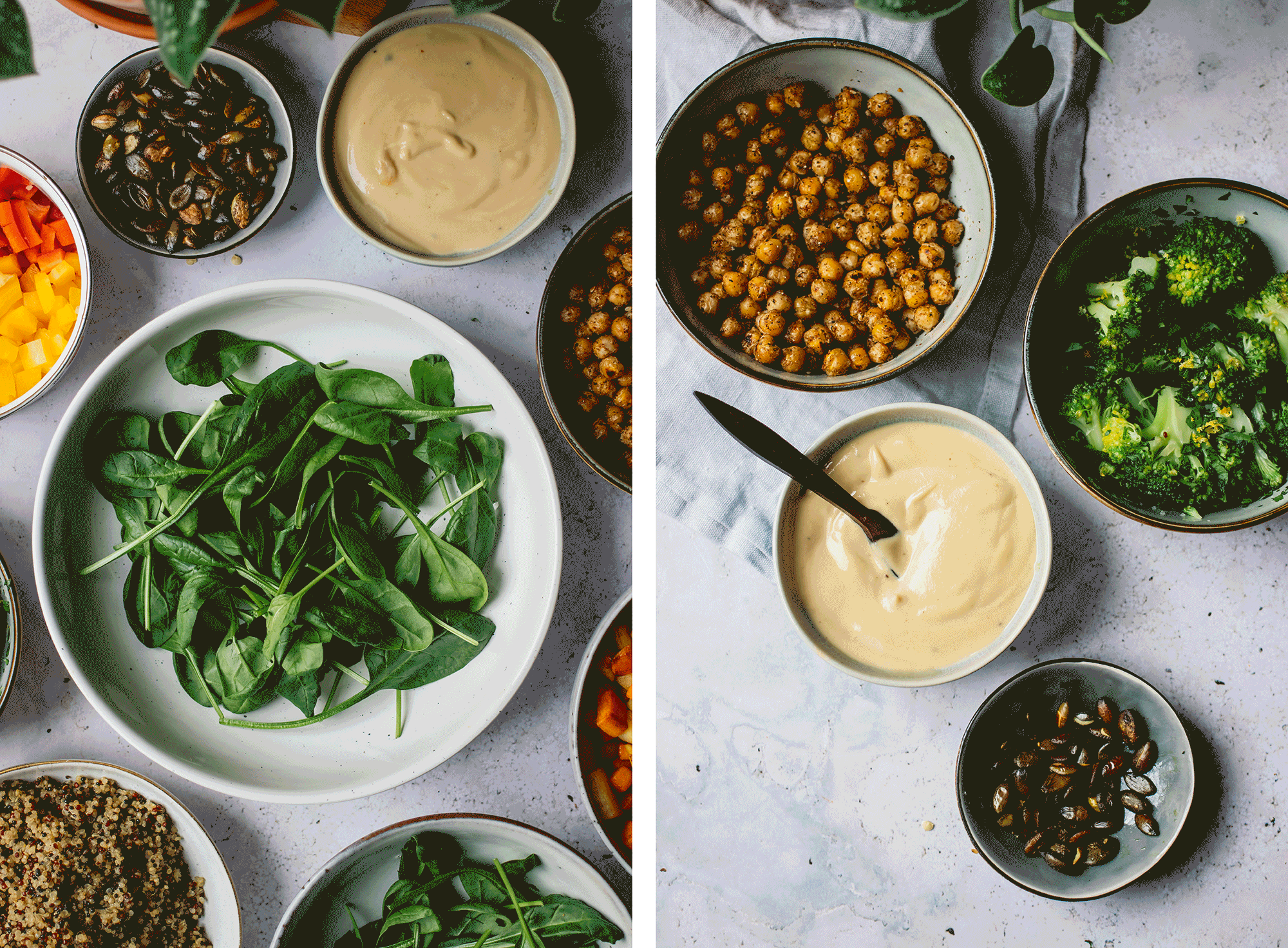 arranging Veggie Bowl with Quinoa, Lentils, Sesame Dressing, and Crispy Chickpeas