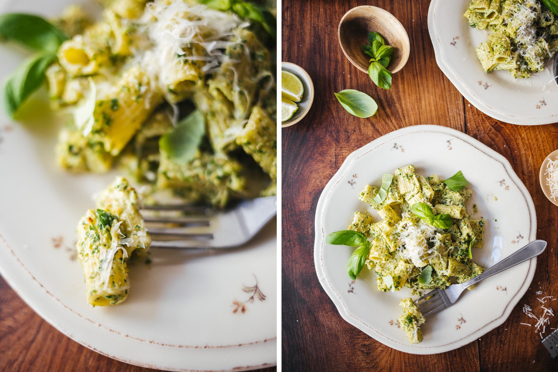 serving vegan pasta with homemade green pesto on a white plate
