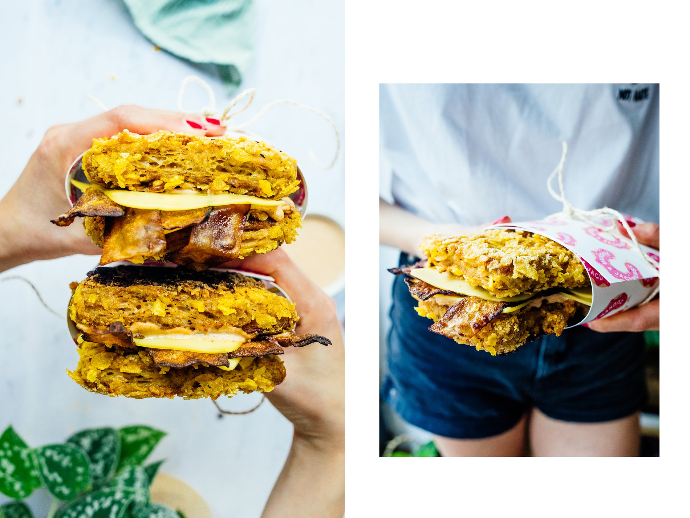 vegan double down sandwich with bacon and cheese