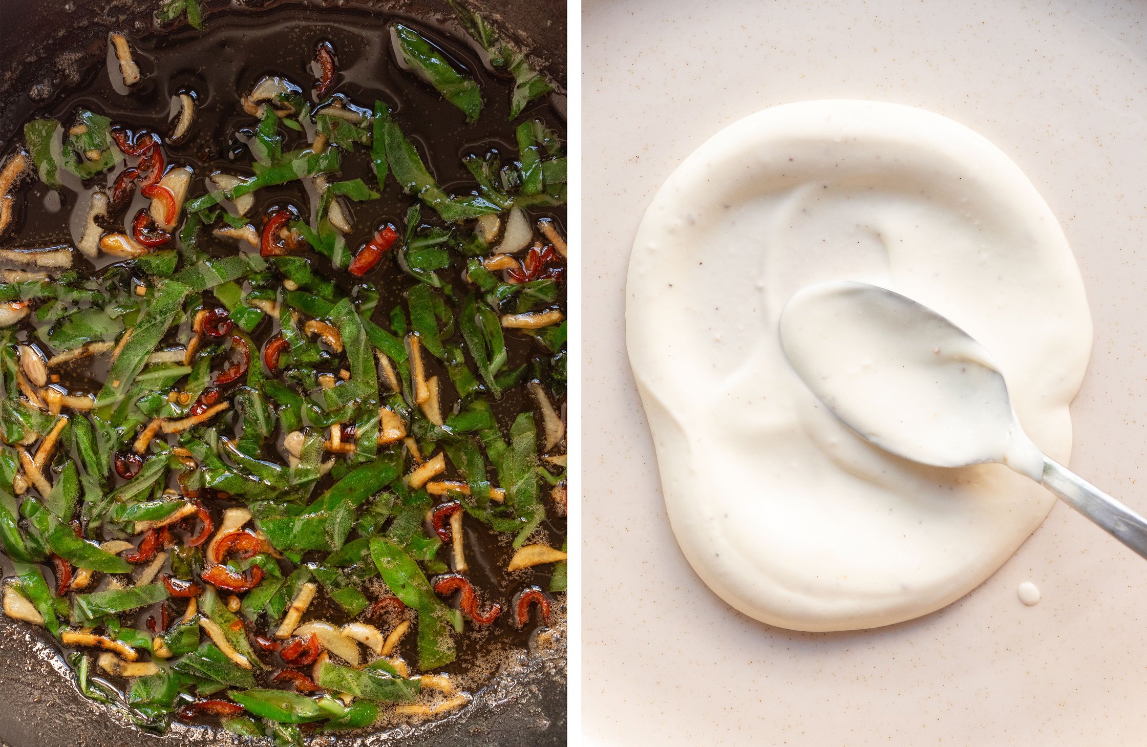 links: Basilikum, Chili und Knoblauch in einer Pfanne rechts: Feta-Dip wird mit Löffel auf Teller verteilt