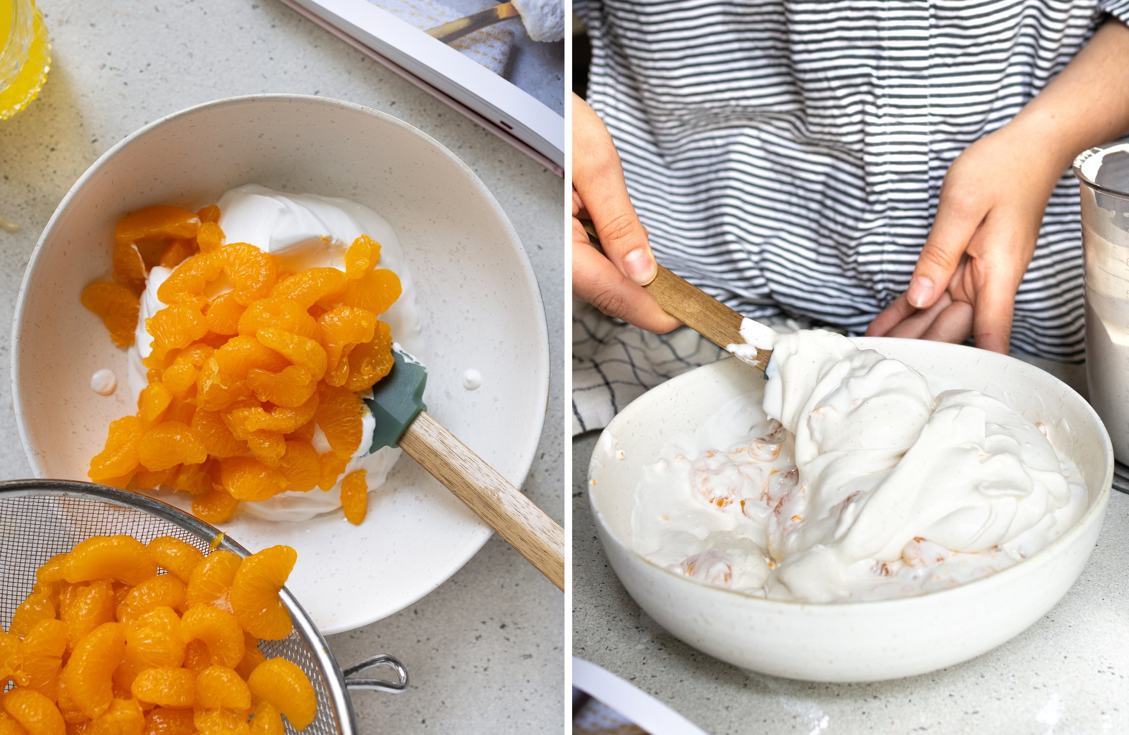 Ein zweigeteiltes Bild: Links werden Mandarinen aus Dose in eine weiße Rührschüssel zur Creme gegeben und rechts wird beides