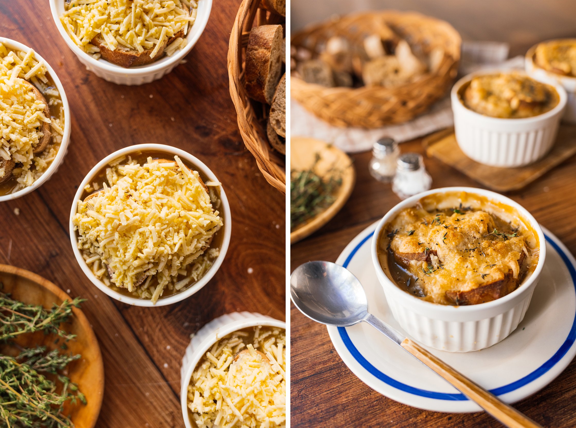 Vegan French Onion Soup with Mushrooms before and after baking
