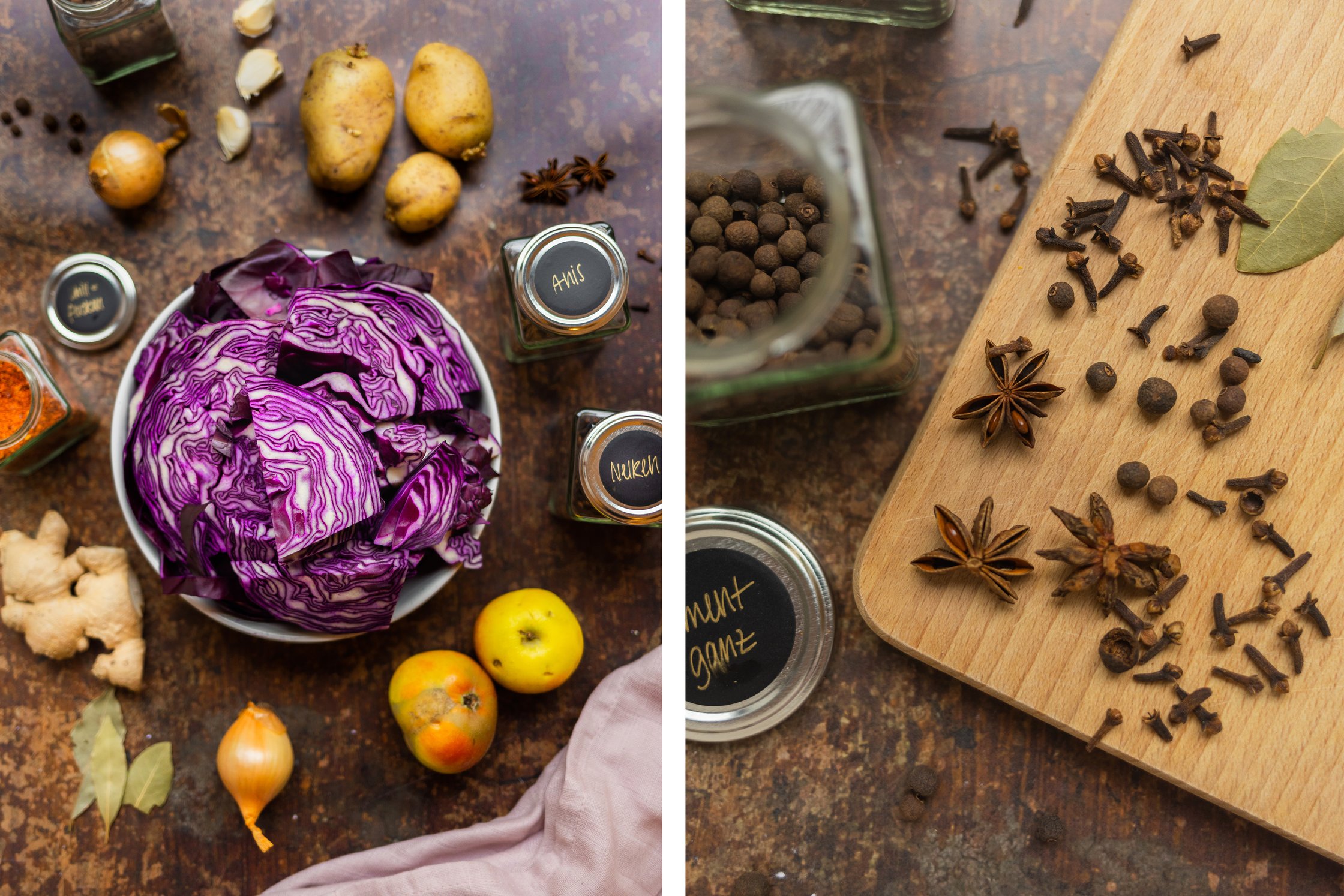Ingredients and spices for vegan christmassy red cabbage soup.