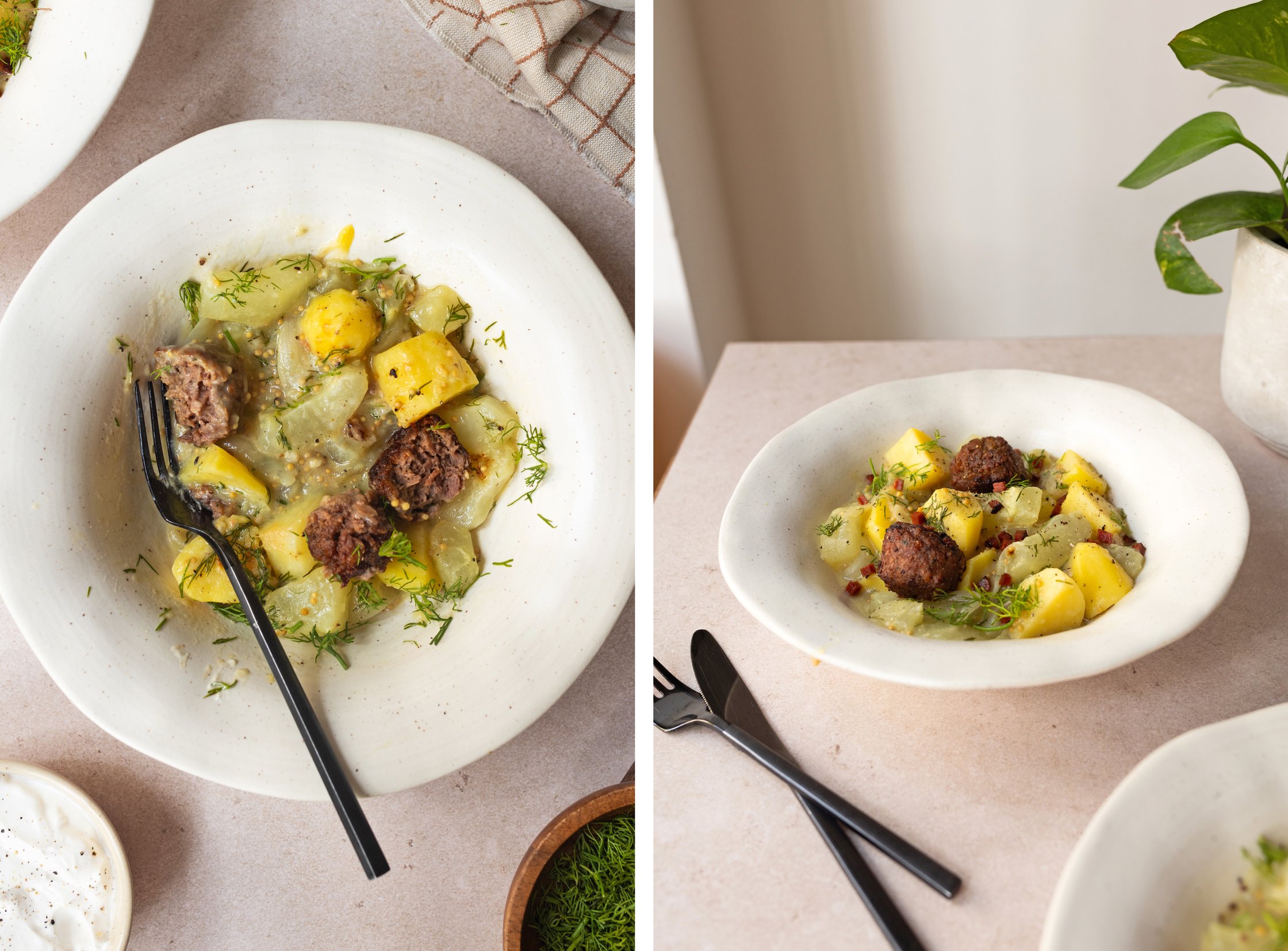 half eaten stewed cucumbers with potatoes and plant-based meatballs on a plate