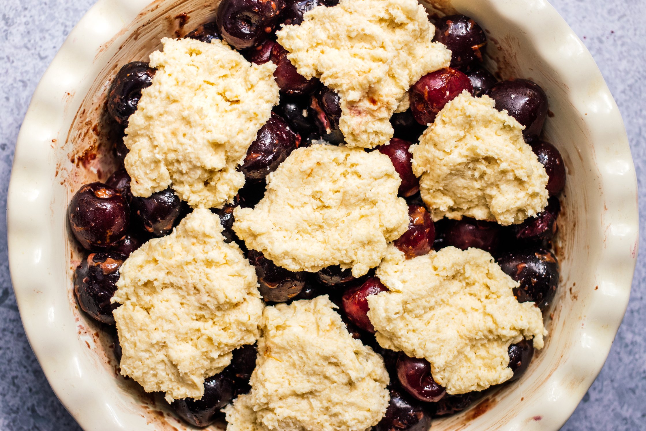 vegan cherry cobbler before baking