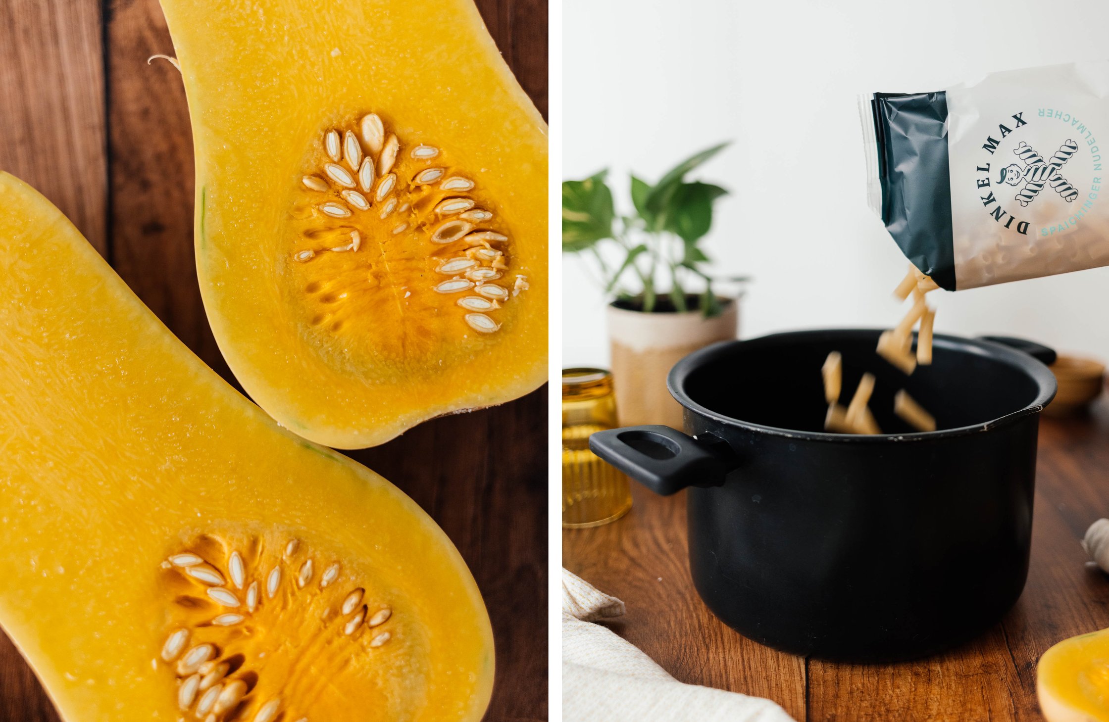 Butternut-Kürbis; Nudeln kochen