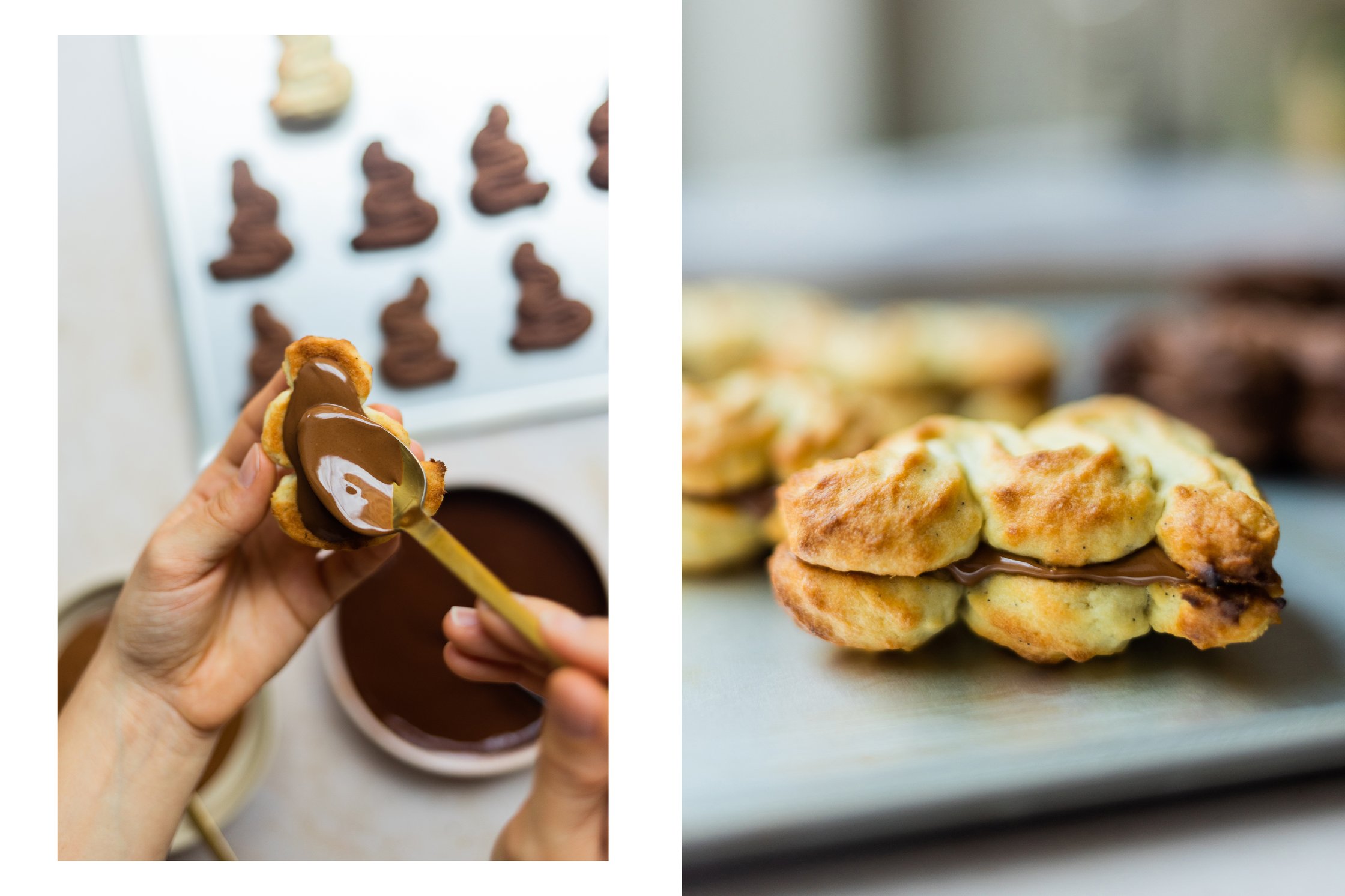 christmas spritz cookies are smeared with chocolate and put together