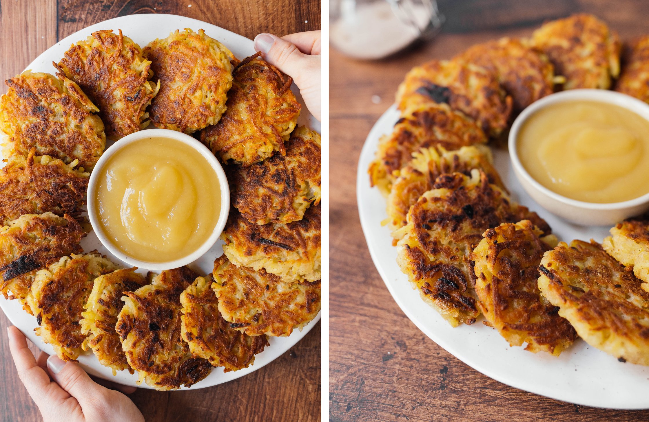 vegan potato dumplings on a plate with apple sauce