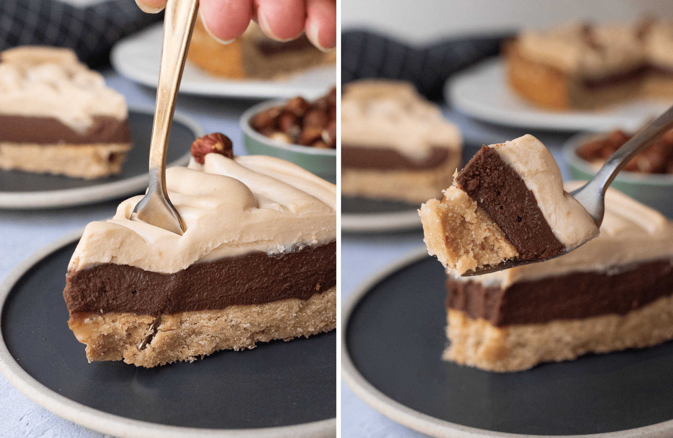 Eine angeschnittene, vegane Haselnuss-Tarte liegt auf einem weißen Teller, um sie ein kariertes, schwarzes Tuch und Schüsseln