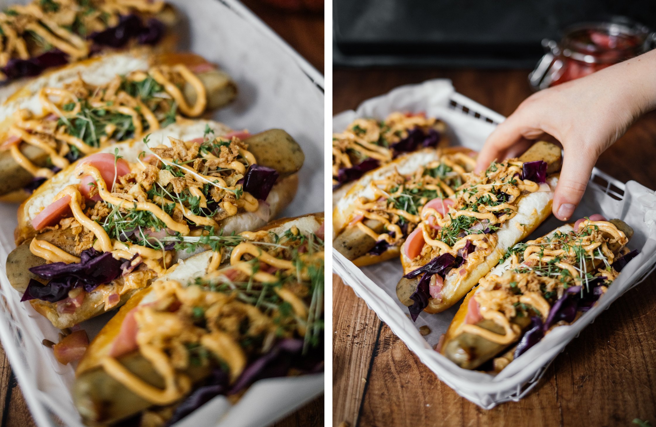 vegane bayrische Hot Dogs angerichtet