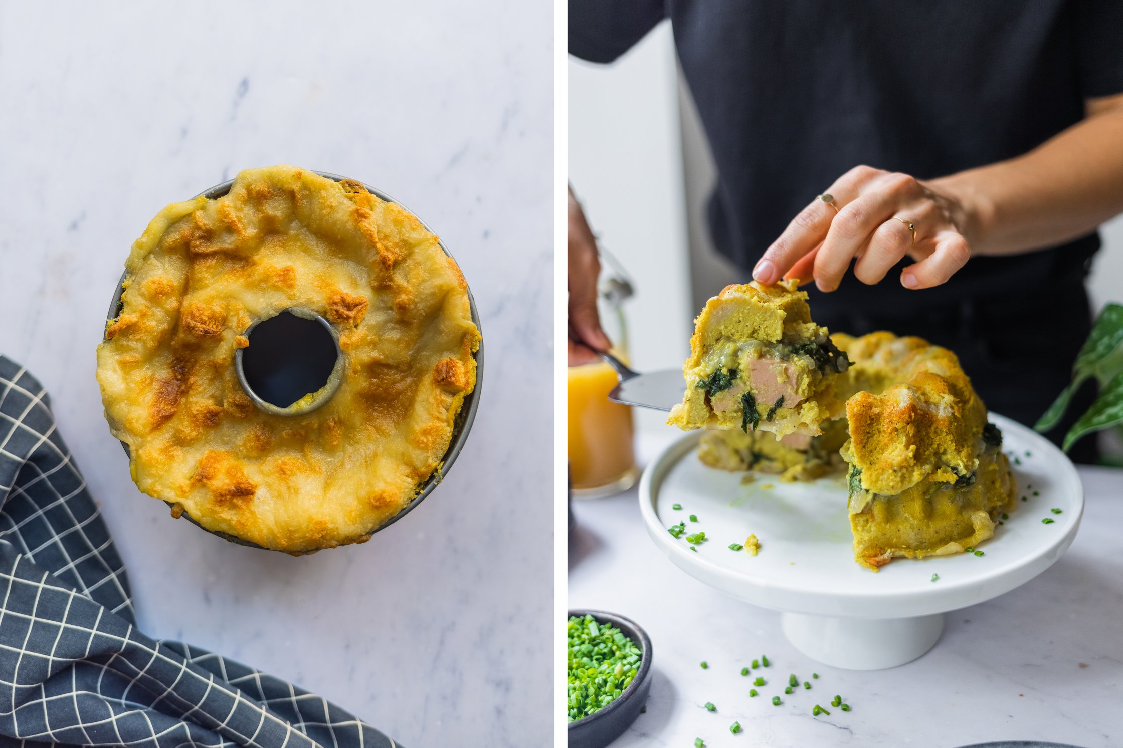 homemade vegan hearty breakfast bundt cake in a form, gratinated with cheese
