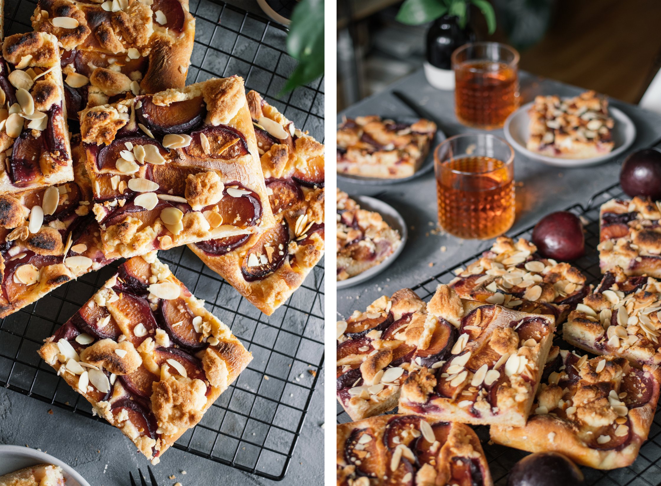 Vegan Sheetpan Plum Cake with Yeast Dough and Crumble Topping cut into pieces served on the table