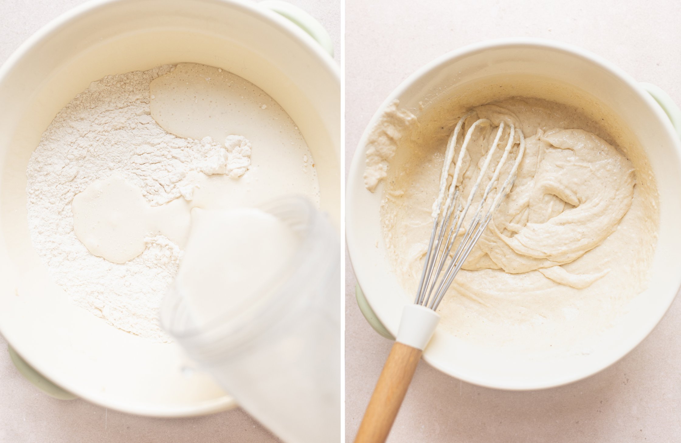 Two-part image - Left: Dry ingredients in a bowl and the addition of the liquid ingredients. Right: Ingredients are mixed wit