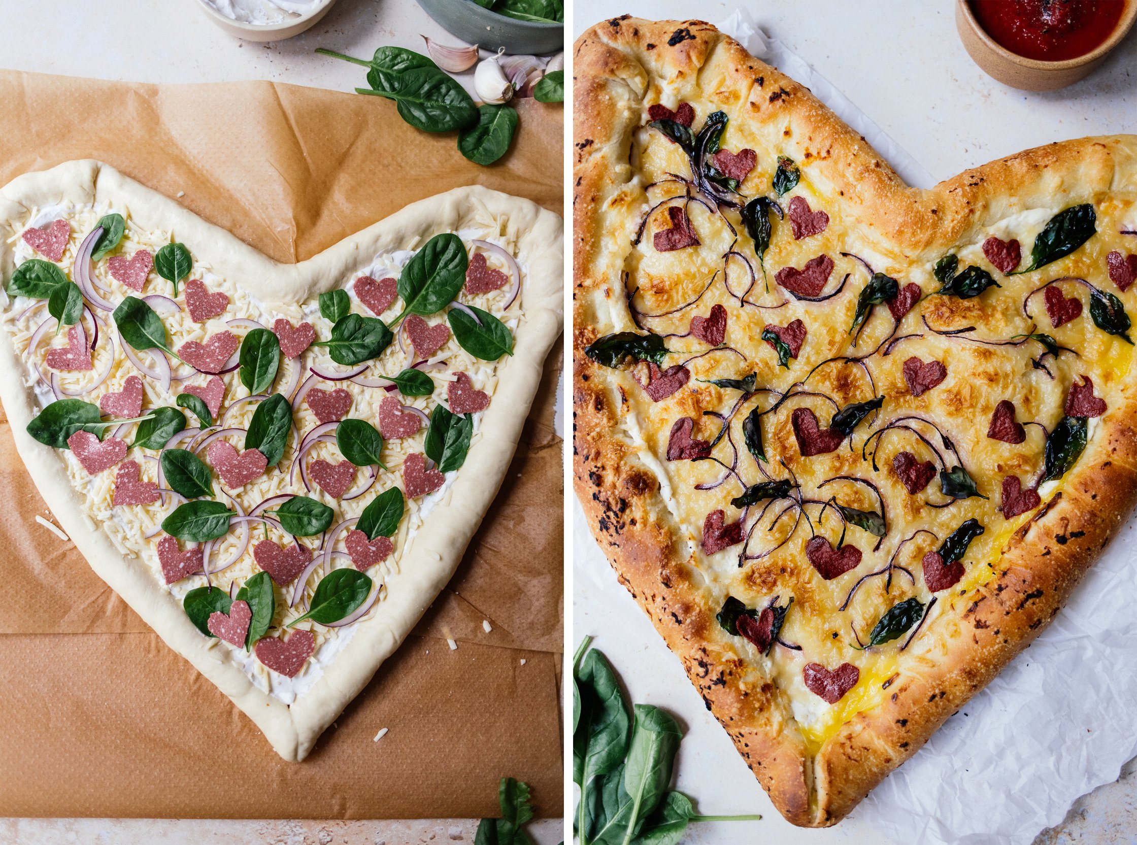 Vegan Cheese Stuffed Crust Pizza before and after baking